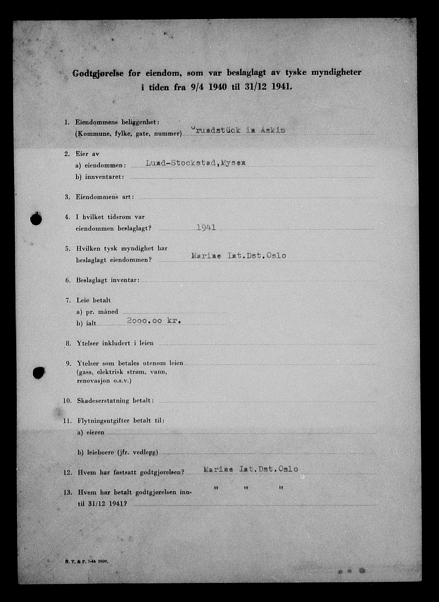 Justisdepartementet, Tilbakeføringskontoret for inndratte formuer, AV/RA-S-1564/I/L1010: Godtgjørelse for beslaglagt eiendom, 1940-1941, p. 4