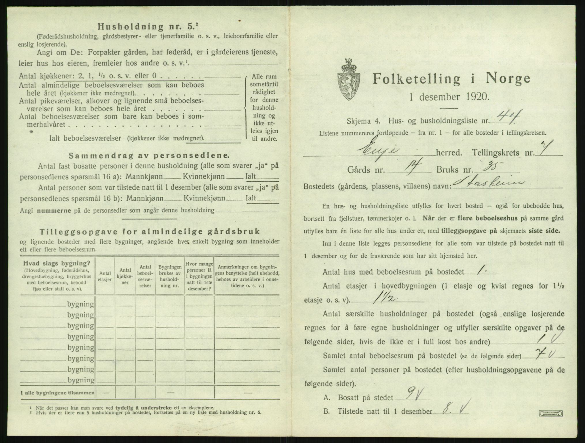 SAK, 1920 census for Evje, 1920, p. 428