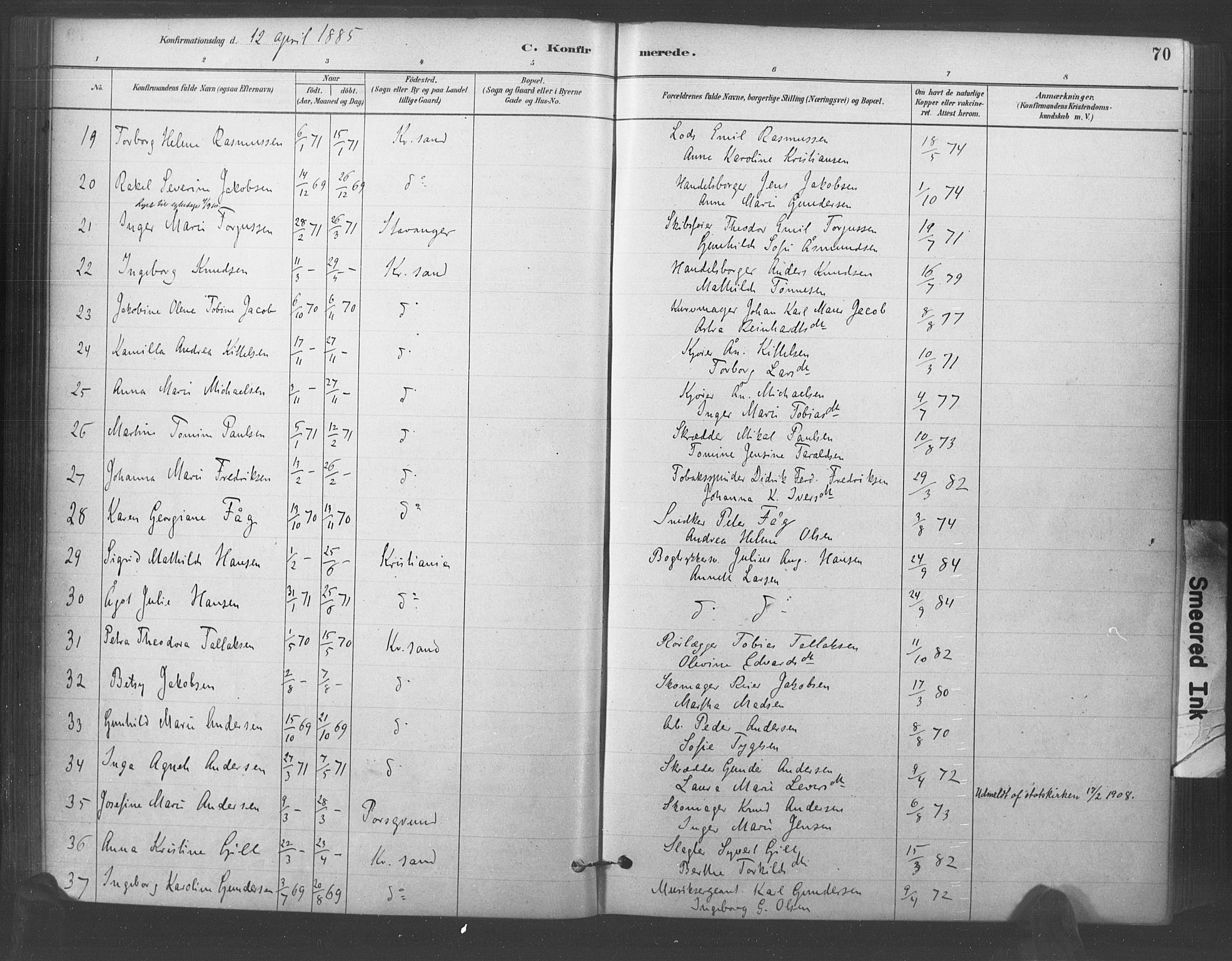 Kristiansand domprosti, AV/SAK-1112-0006/F/Fa/L0018: Parish register (official) no. A 17, 1880-1892, p. 70