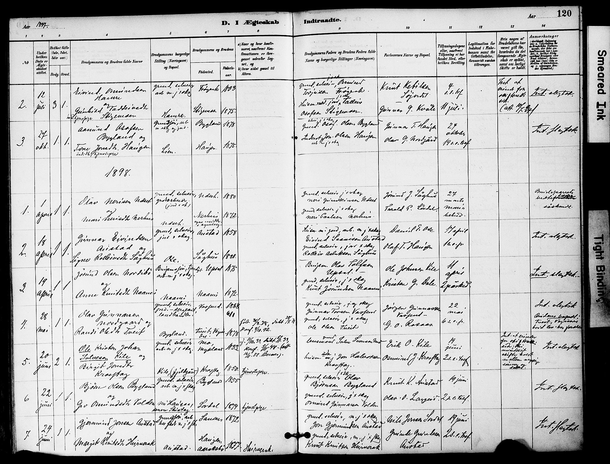 Bygland sokneprestkontor, AV/SAK-1111-0006/F/Fa/Fab/L0007: Parish register (official) no. A 7, 1885-1909, p. 120