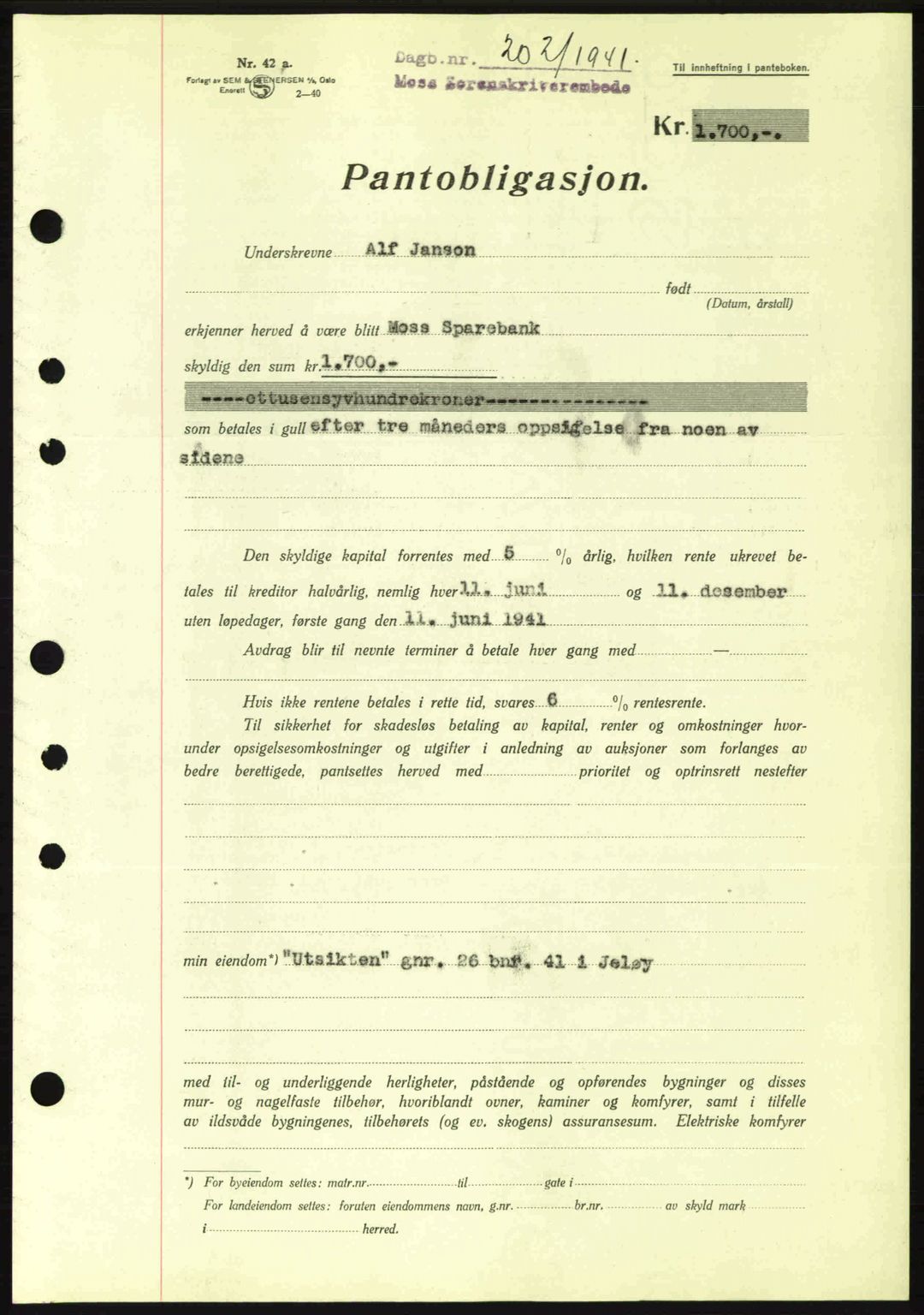 Moss sorenskriveri, SAO/A-10168: Mortgage book no. B10, 1940-1941, Diary no: : 202/1941