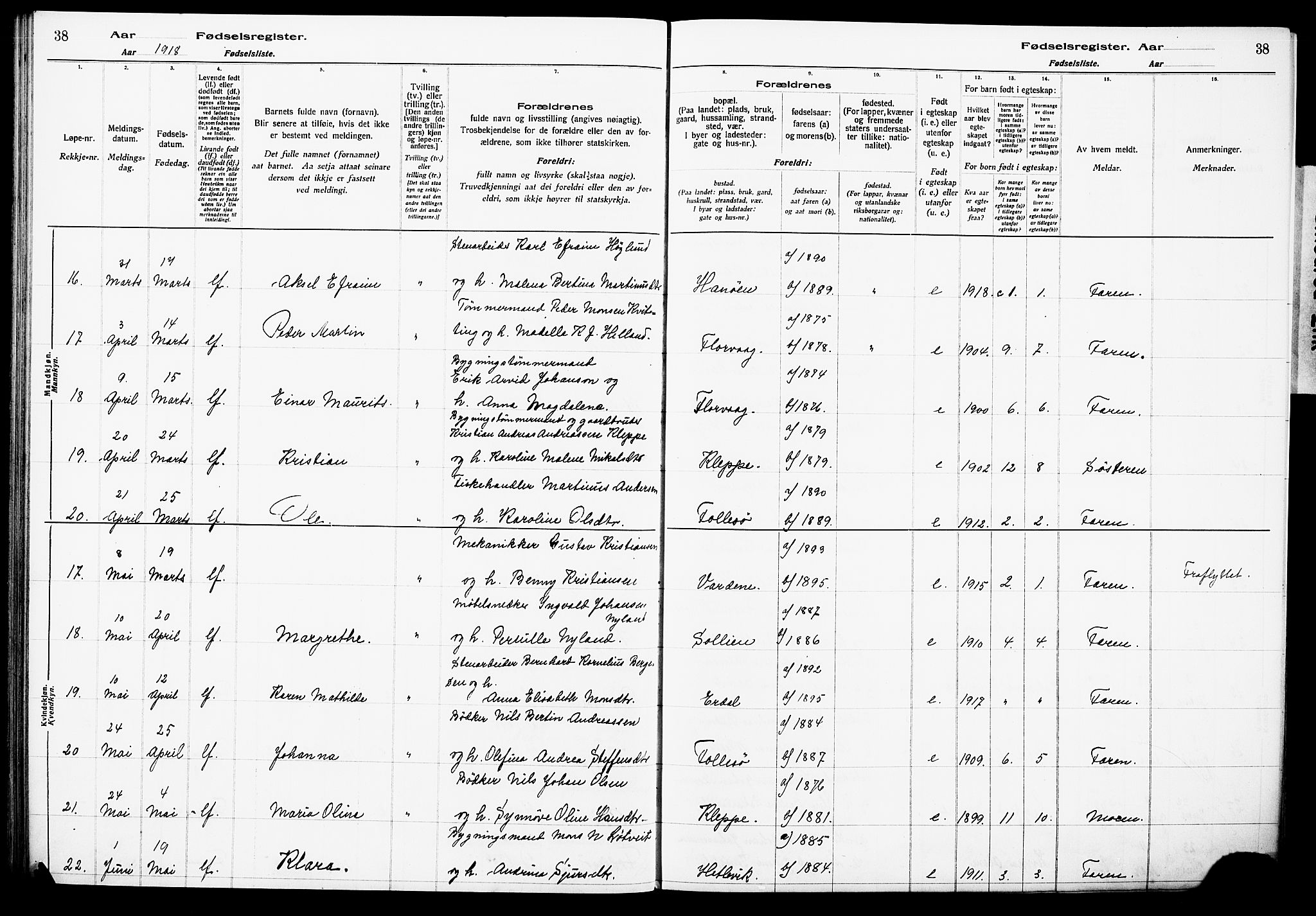 Askøy Sokneprestembete, SAB/A-74101/I/Id/L00A1: Birth register no. A 1, 1916-1928, p. 38