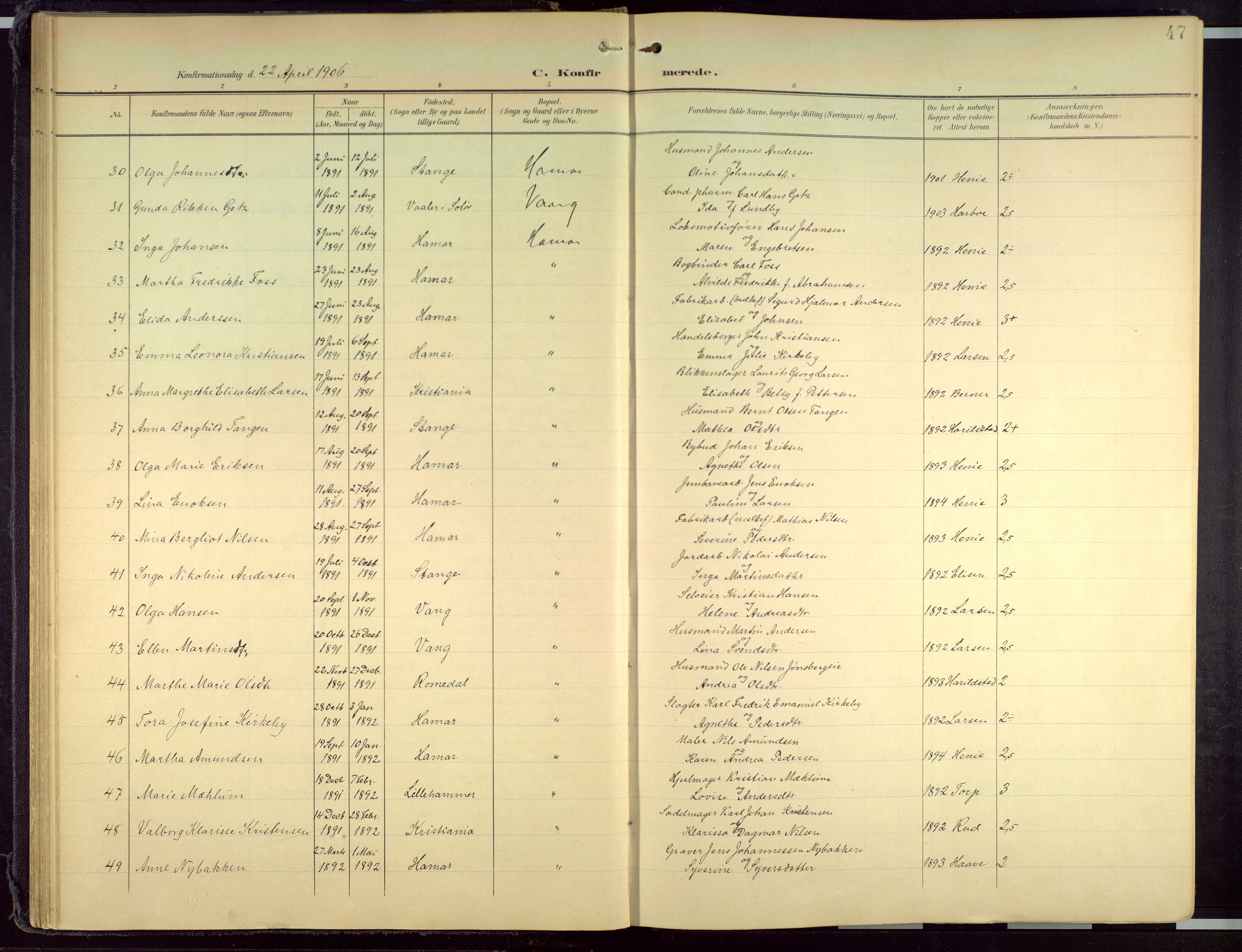 Hamar prestekontor, AV/SAH-DOMPH-002/H/Ha/Haa/L0004: Parish register (official) no. 4, 1899-1973, p. 47