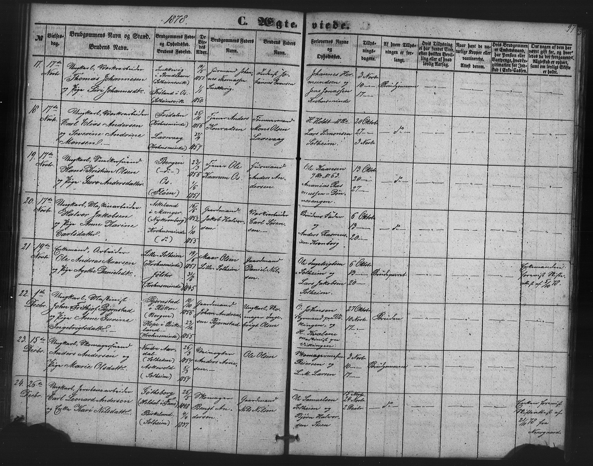 St. Jørgens hospital og Årstad sokneprestembete, AV/SAB-A-99934: Parish register (copy) no. A 7, 1854-1886, p. 97