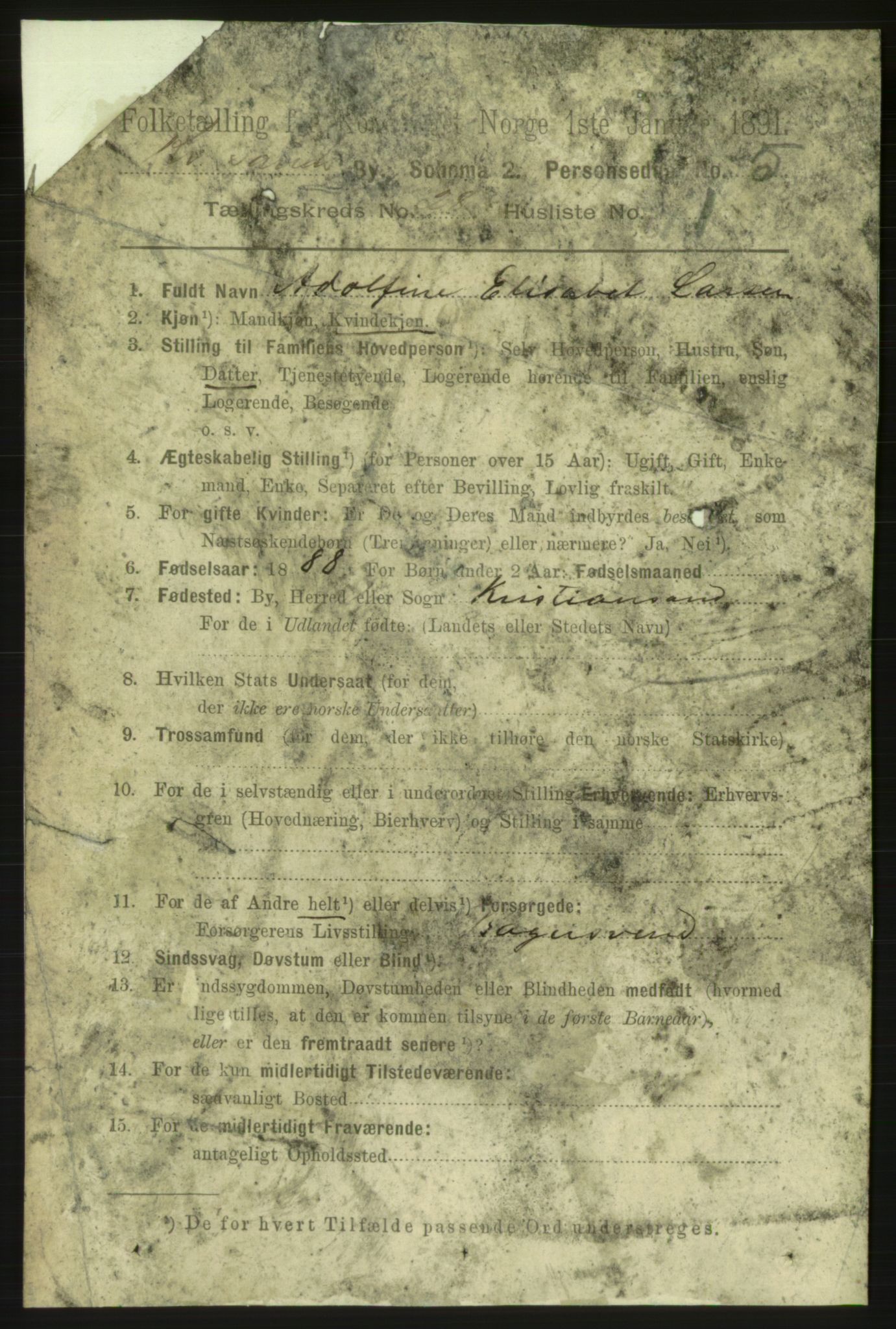 RA, 1891 census for 1001 Kristiansand, 1891, p. 9496