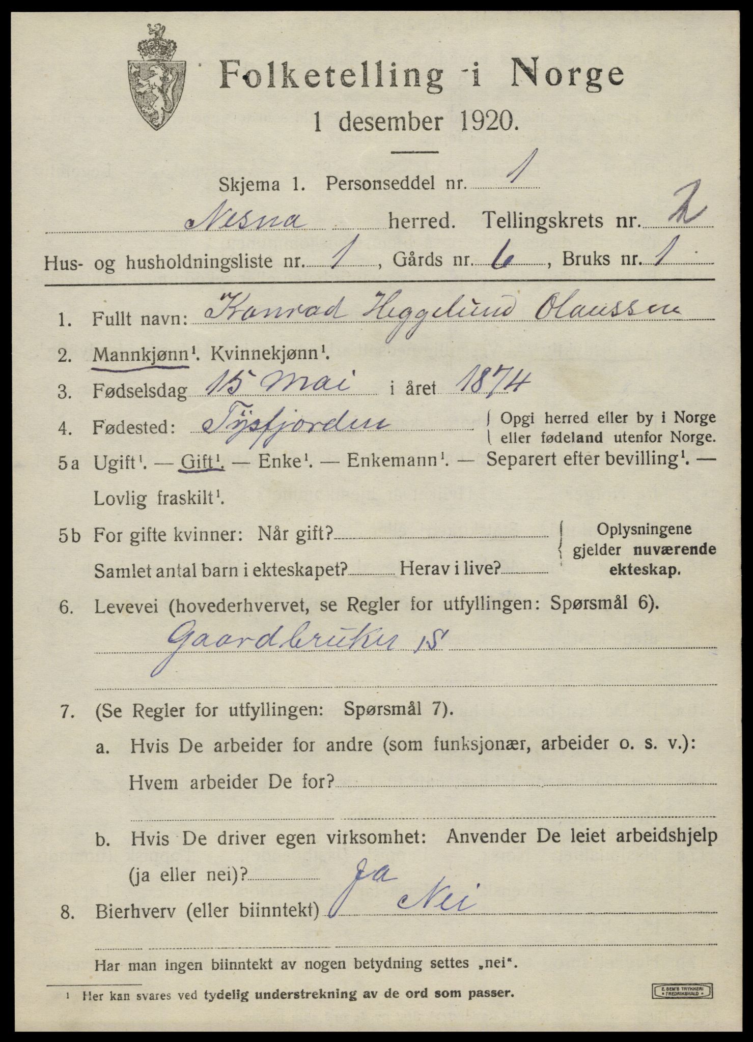 SAT, 1920 census for Nesna, 1920, p. 1727