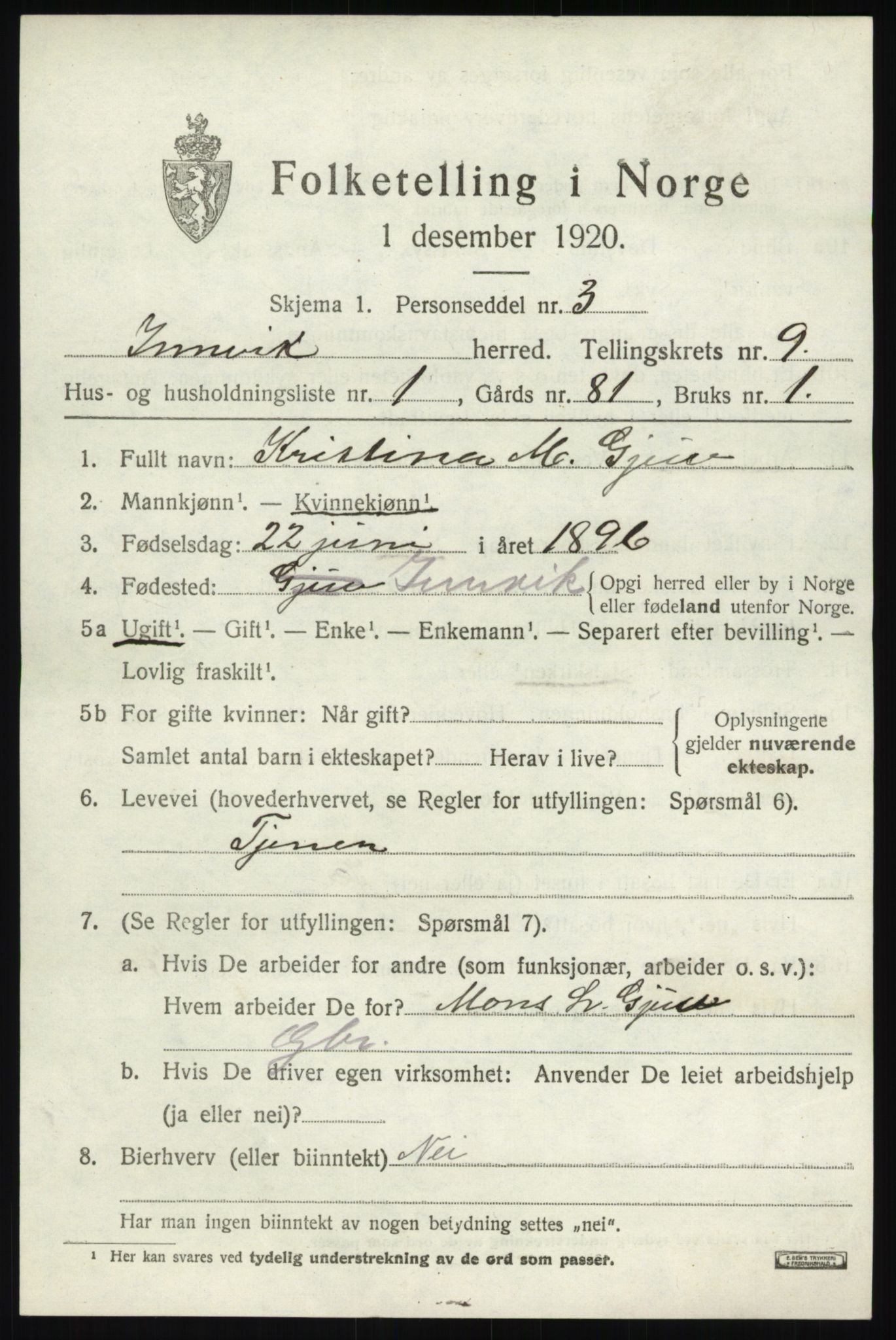 SAB, 1920 census for Innvik, 1920, p. 3903