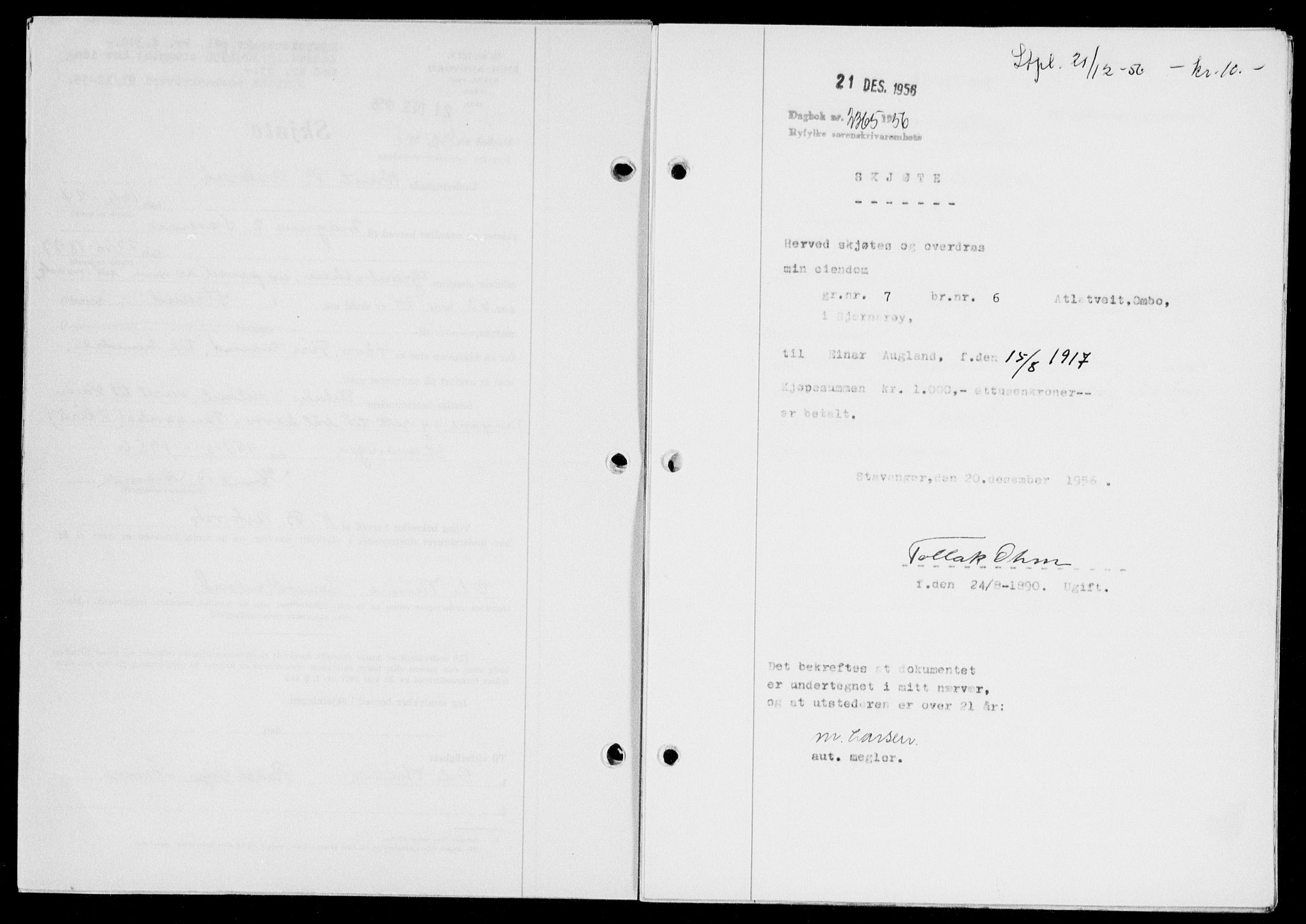 Ryfylke tingrett, SAST/A-100055/001/II/IIB/L0135: Mortgage book no. 114, 1956-1957, Diary no: : 2365/1956