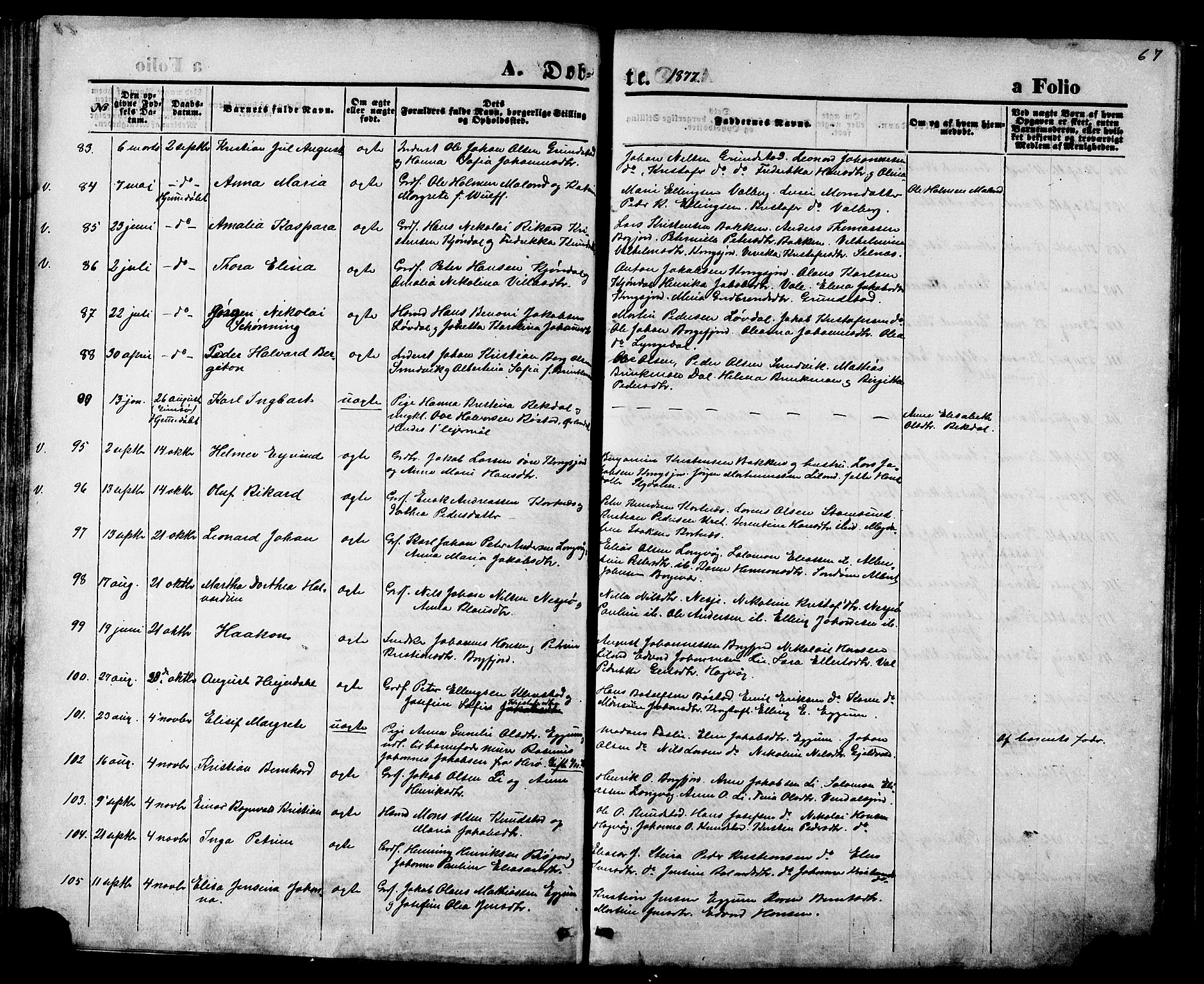 Ministerialprotokoller, klokkerbøker og fødselsregistre - Nordland, SAT/A-1459/880/L1132: Parish register (official) no. 880A06, 1869-1887, p. 67