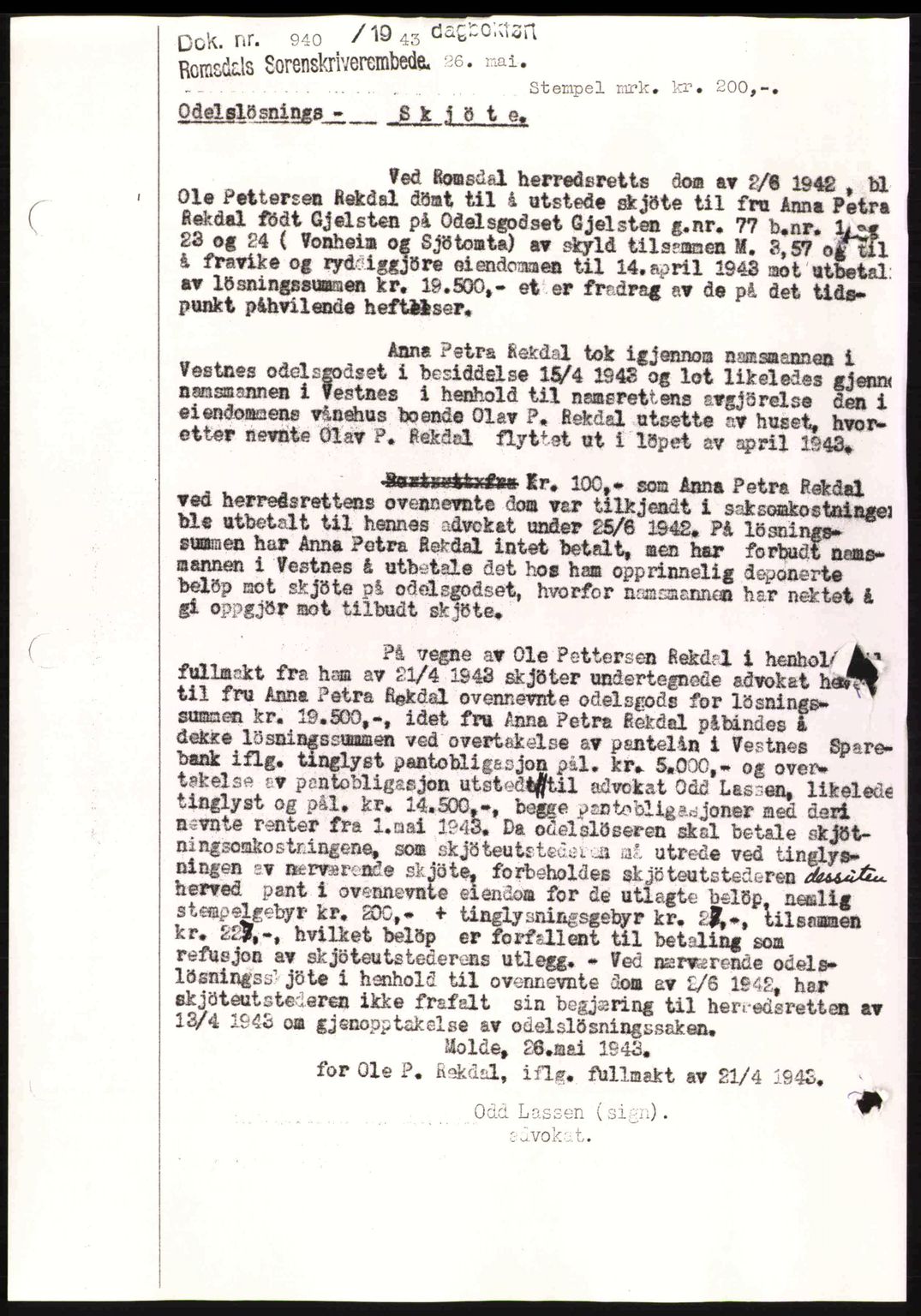 Romsdal sorenskriveri, AV/SAT-A-4149/1/2/2C: Mortgage book no. A14, 1943-1943, Diary no: : 1055/1943