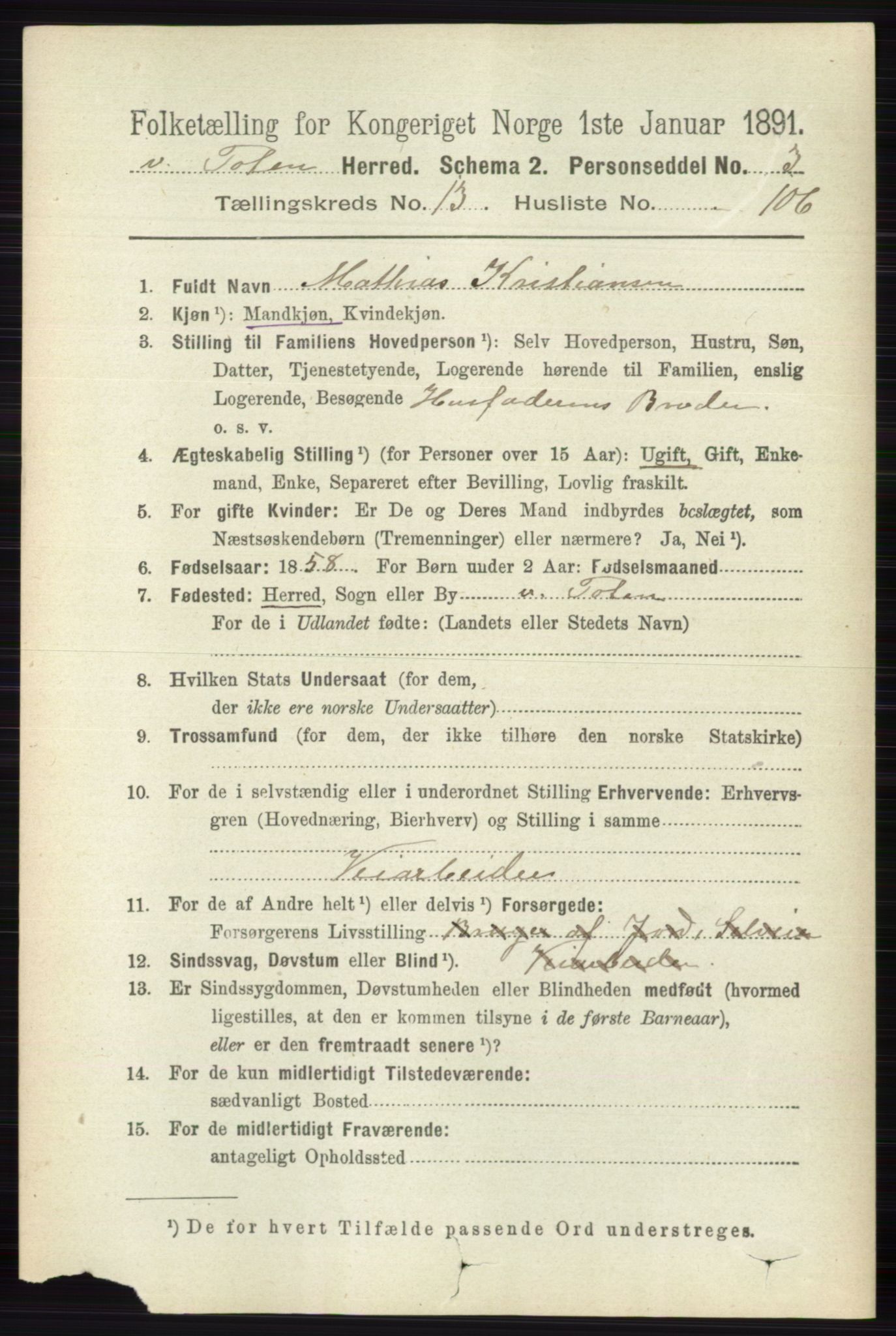 RA, 1891 census for 0529 Vestre Toten, 1891, p. 8388