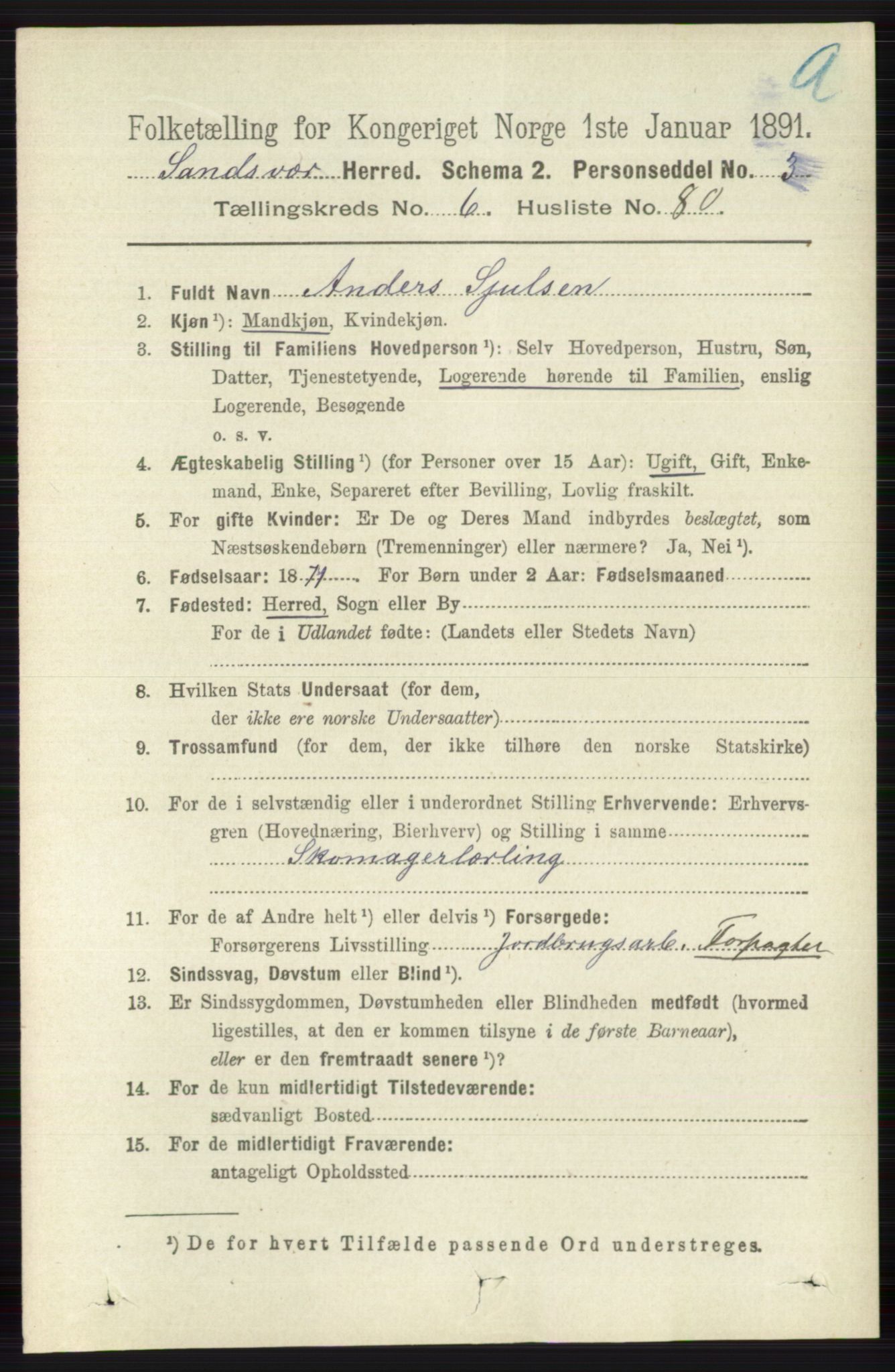 RA, 1891 census for 0629 Sandsvær, 1891, p. 3911