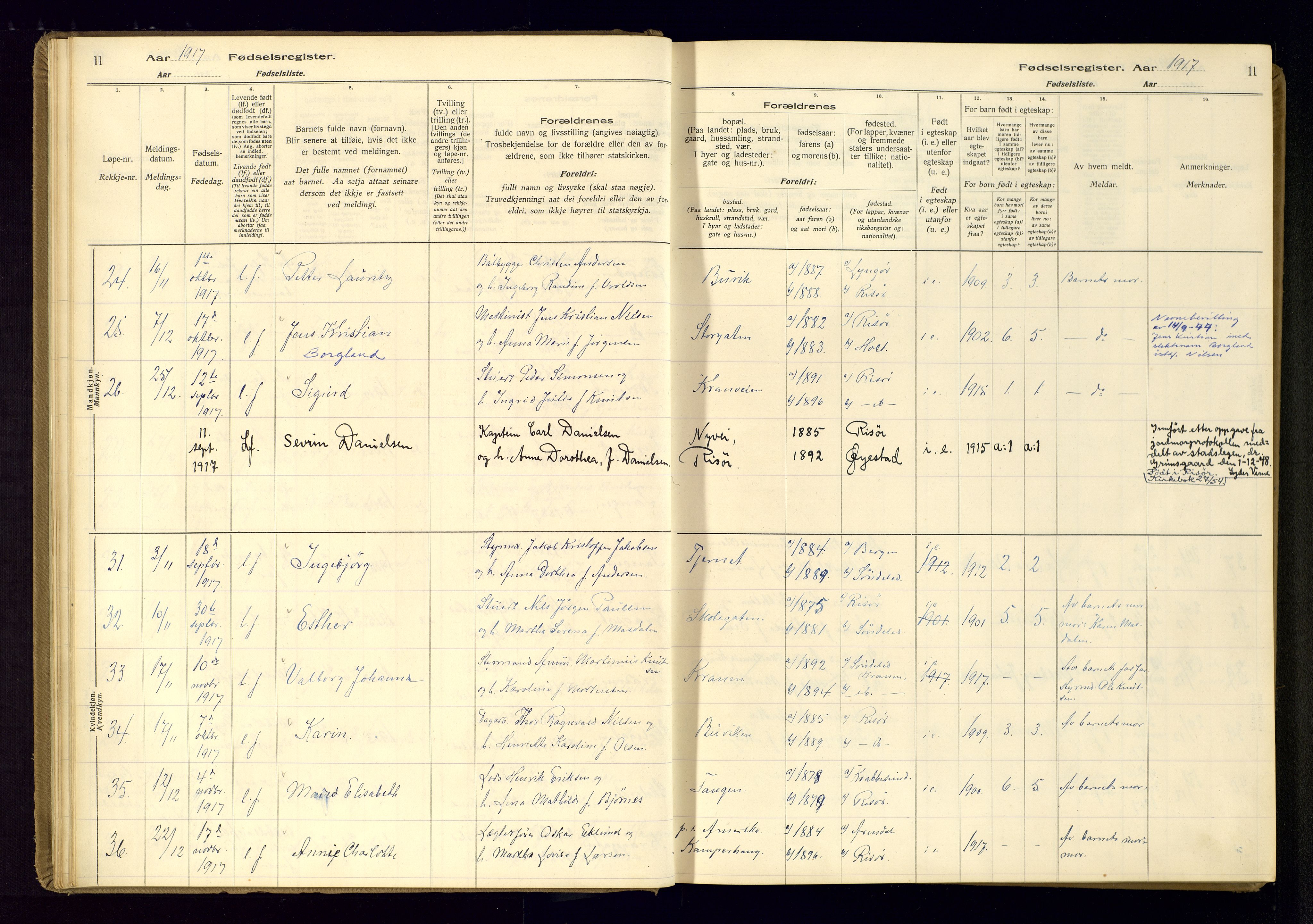 Risør sokneprestkontor, SAK/1111-0035/J/Ja/L0001: Birth register no. A-VI-13, 1916-1947, p. 11