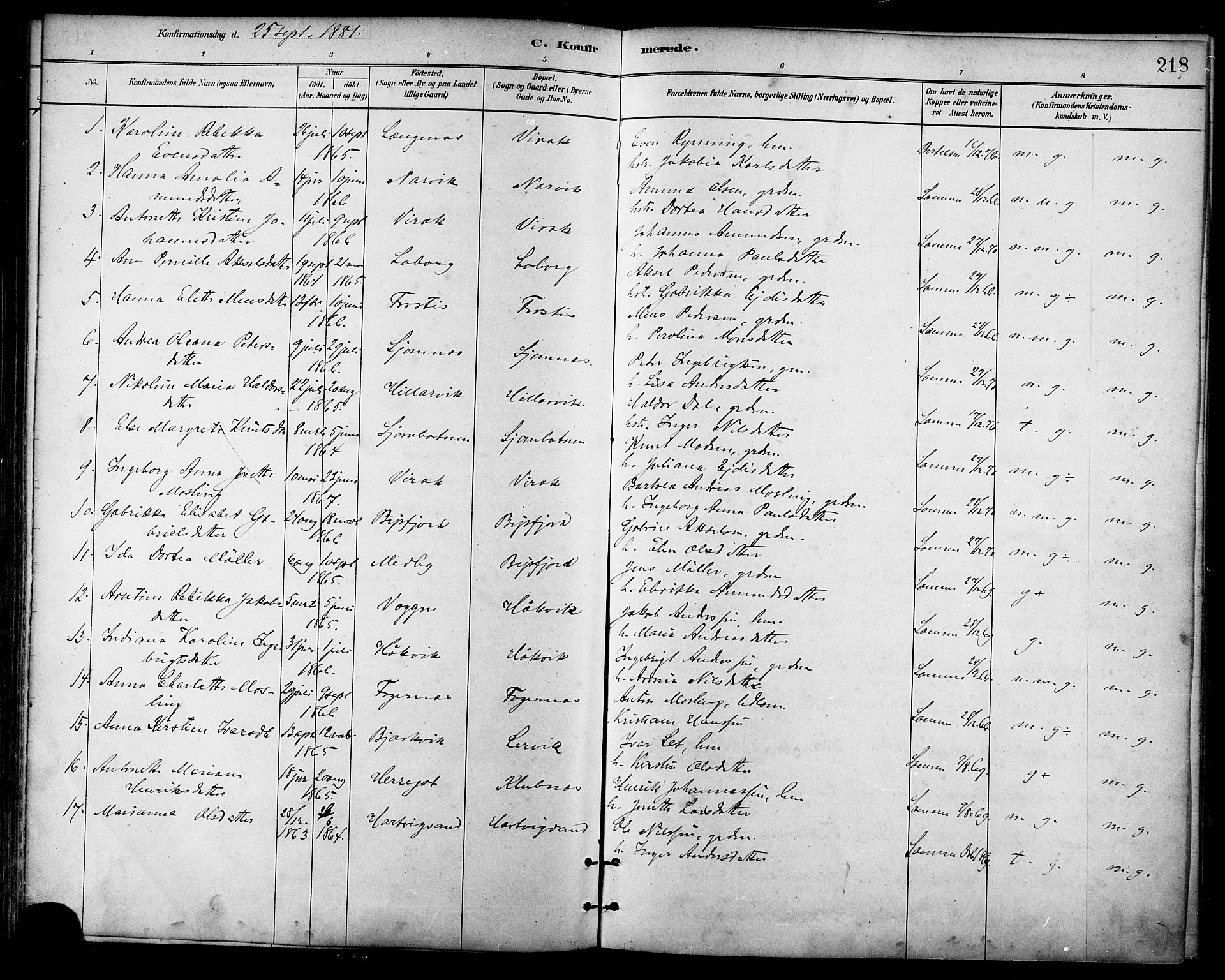 Ministerialprotokoller, klokkerbøker og fødselsregistre - Nordland, AV/SAT-A-1459/866/L0938: Parish register (official) no. 866A01, 1879-1893, p. 218