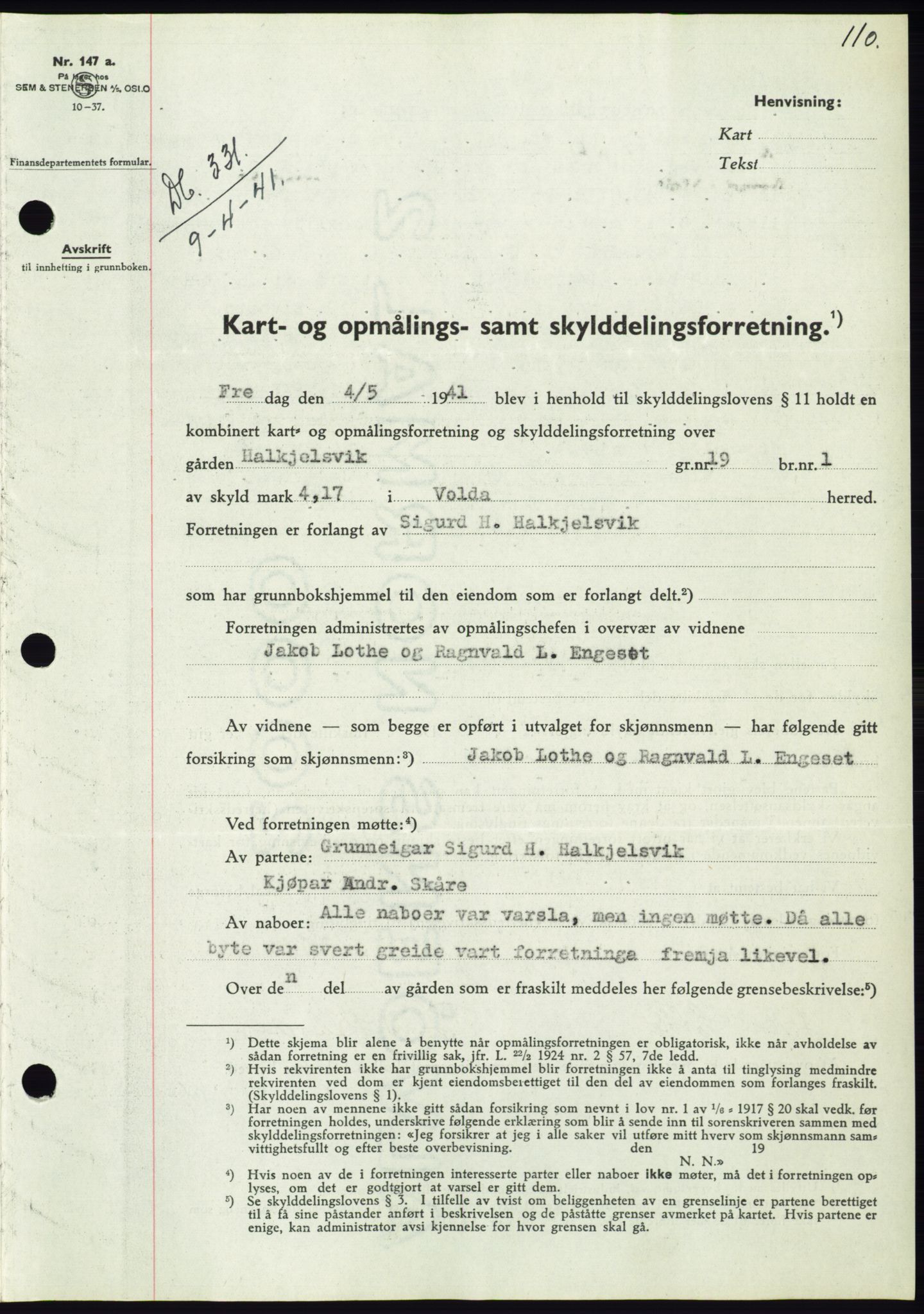 Søre Sunnmøre sorenskriveri, AV/SAT-A-4122/1/2/2C/L0071: Mortgage book no. 65, 1941-1941, Diary no: : 331/1941