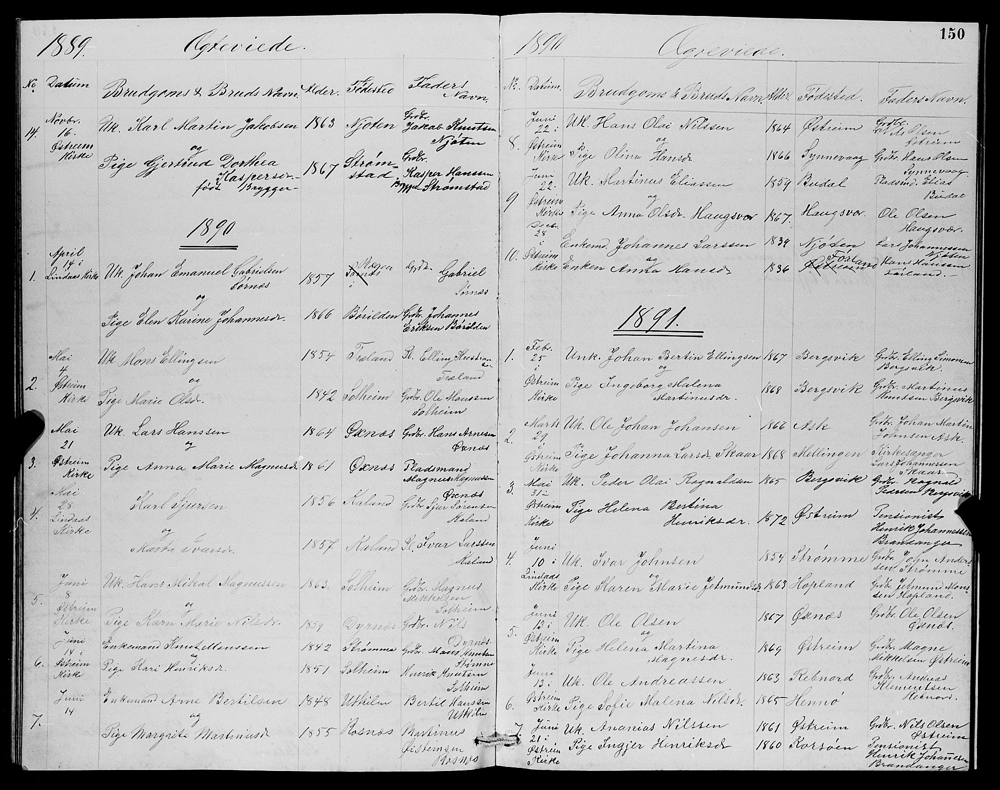 Lindås Sokneprestembete, SAB/A-76701/H/Hab: Parish register (copy) no. C 3, 1886-1893, p. 150