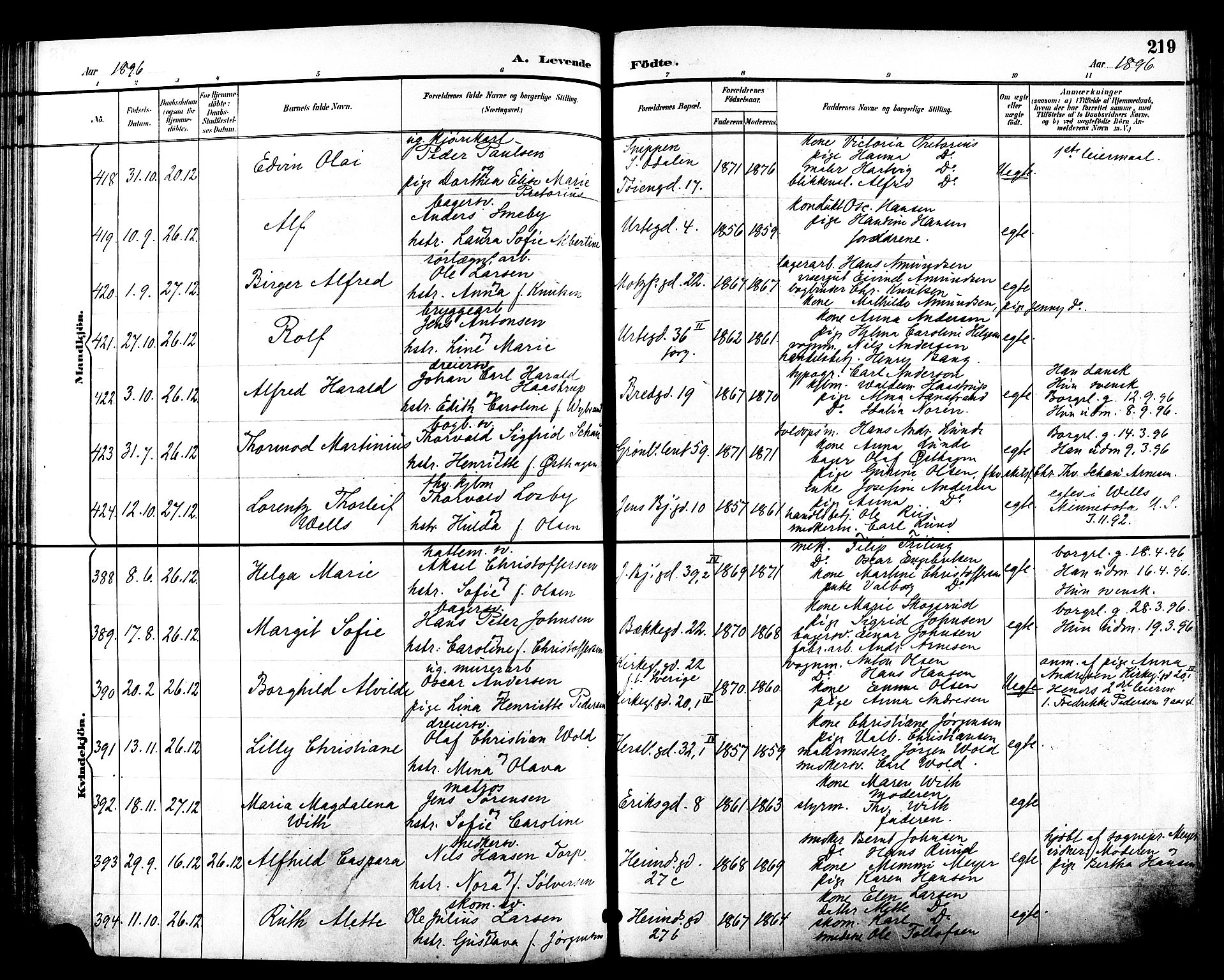Grønland prestekontor Kirkebøker, SAO/A-10848/F/Fa/L0012: Parish register (official) no. 12, 1893-1900, p. 219