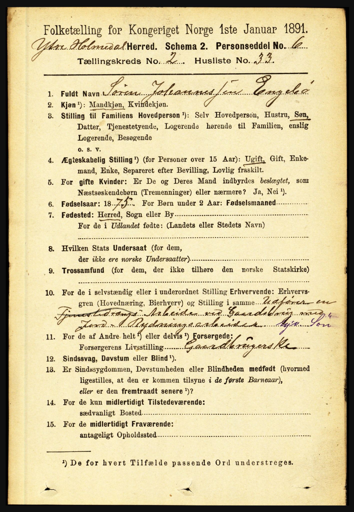 RA, 1891 census for 1429 Ytre Holmedal, 1891, p. 493