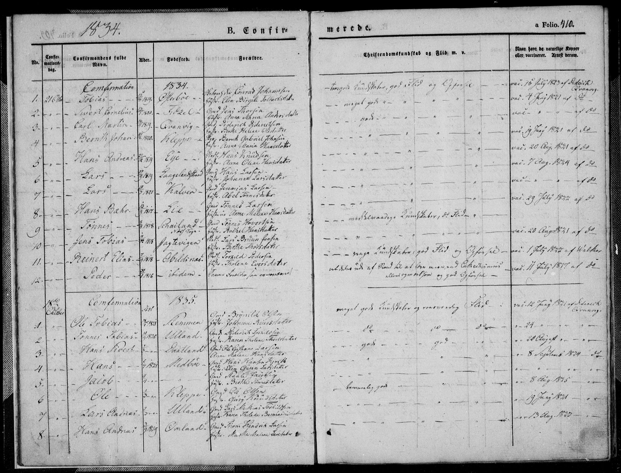 Flekkefjord sokneprestkontor, SAK/1111-0012/F/Fb/Fbb/L0002: Parish register (copy) no. B 2b, 1831-1866, p. 410