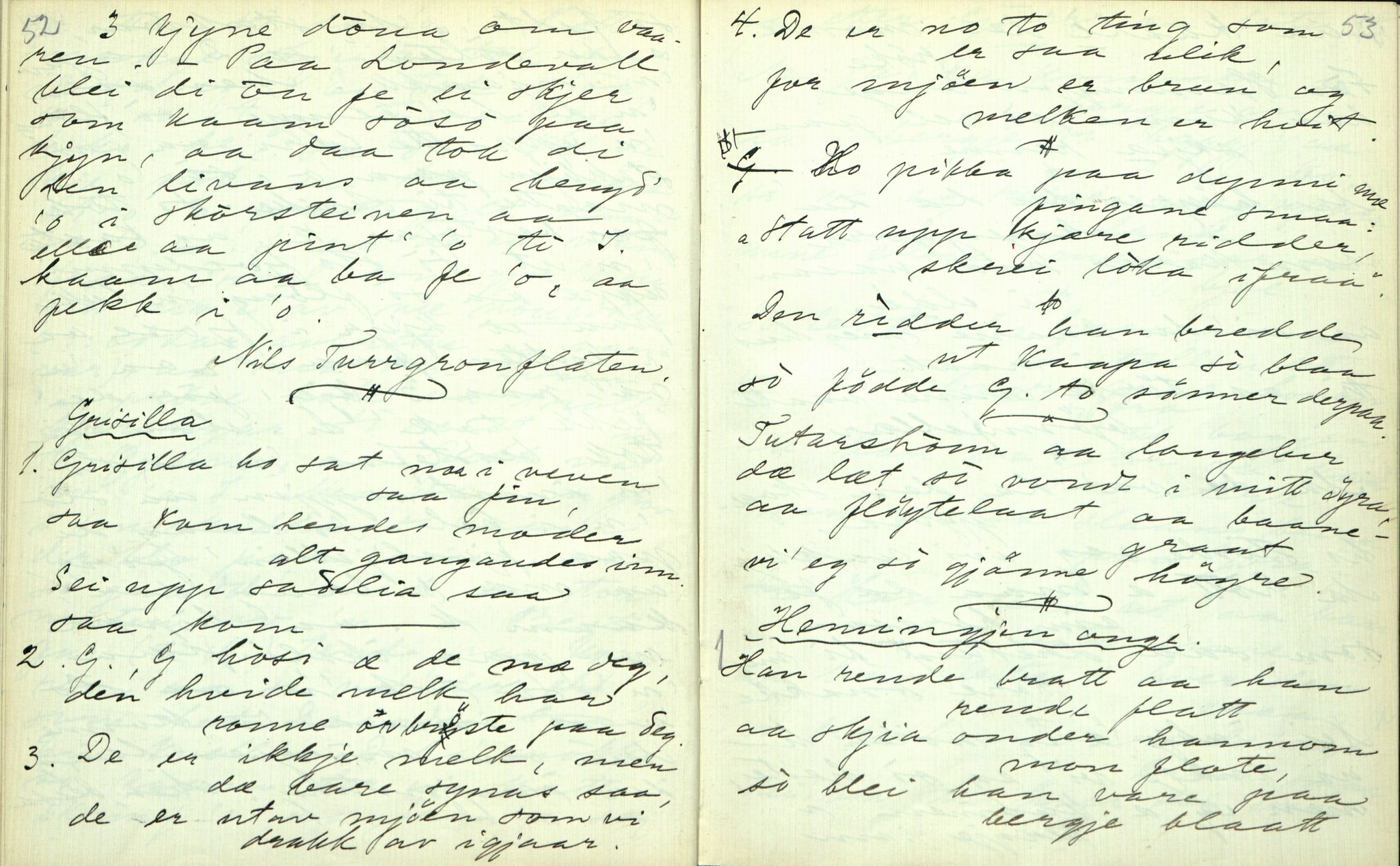 Rikard Berge, TEMU/TGM-A-1003/F/L0003/0004: 061-100 Innholdslister / 64 Segnir og sogur m.m., 1910, p. 52-53