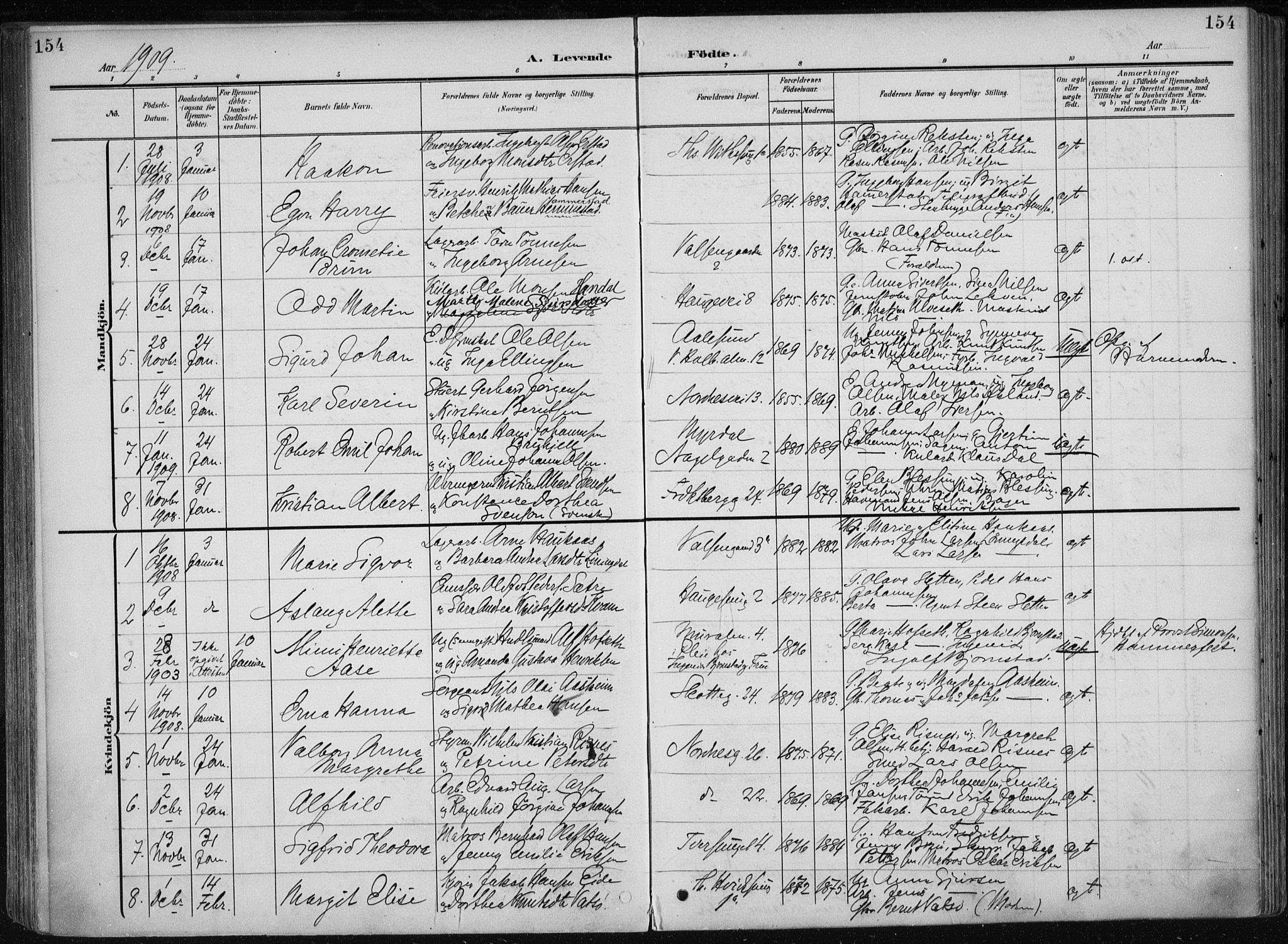 Nykirken Sokneprestembete, AV/SAB-A-77101/H/Haa/L0019: Parish register (official) no. B 7, 1904-1916, p. 154
