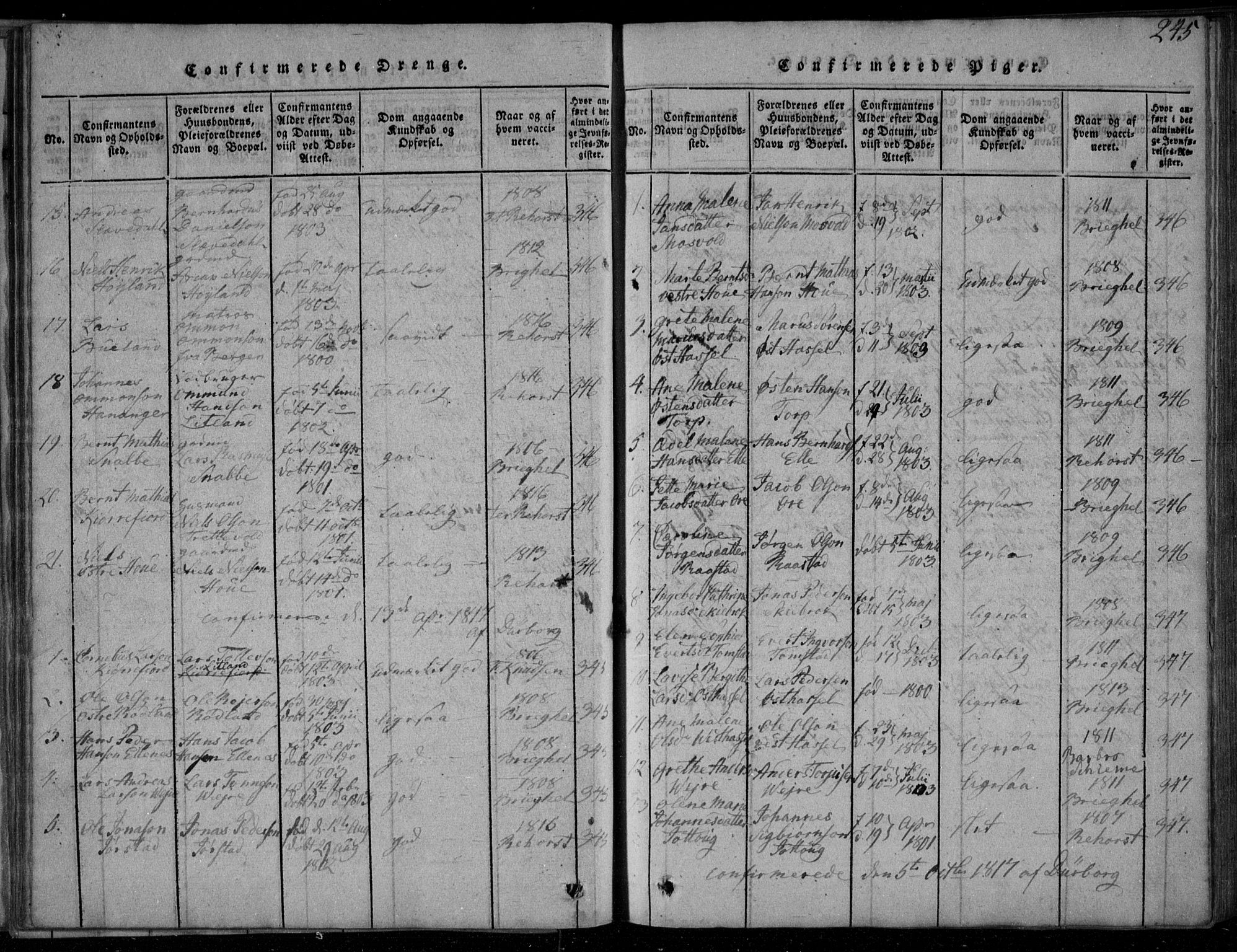 Lista sokneprestkontor, AV/SAK-1111-0027/F/Fa/L0007: Parish register (official) no. A 7, 1816-1823, p. 245