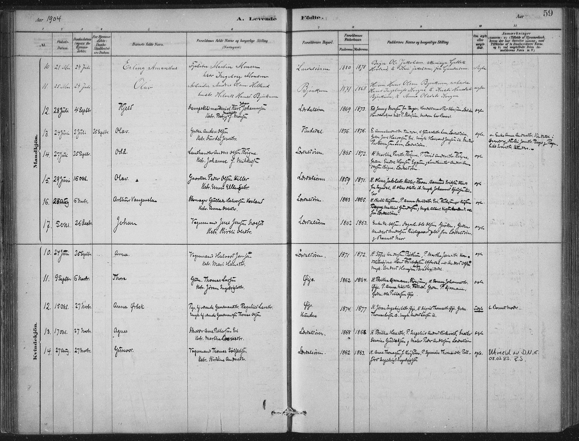 Lærdal sokneprestembete, AV/SAB-A-81201: Parish register (official) no. D  1, 1878-1908, p. 59