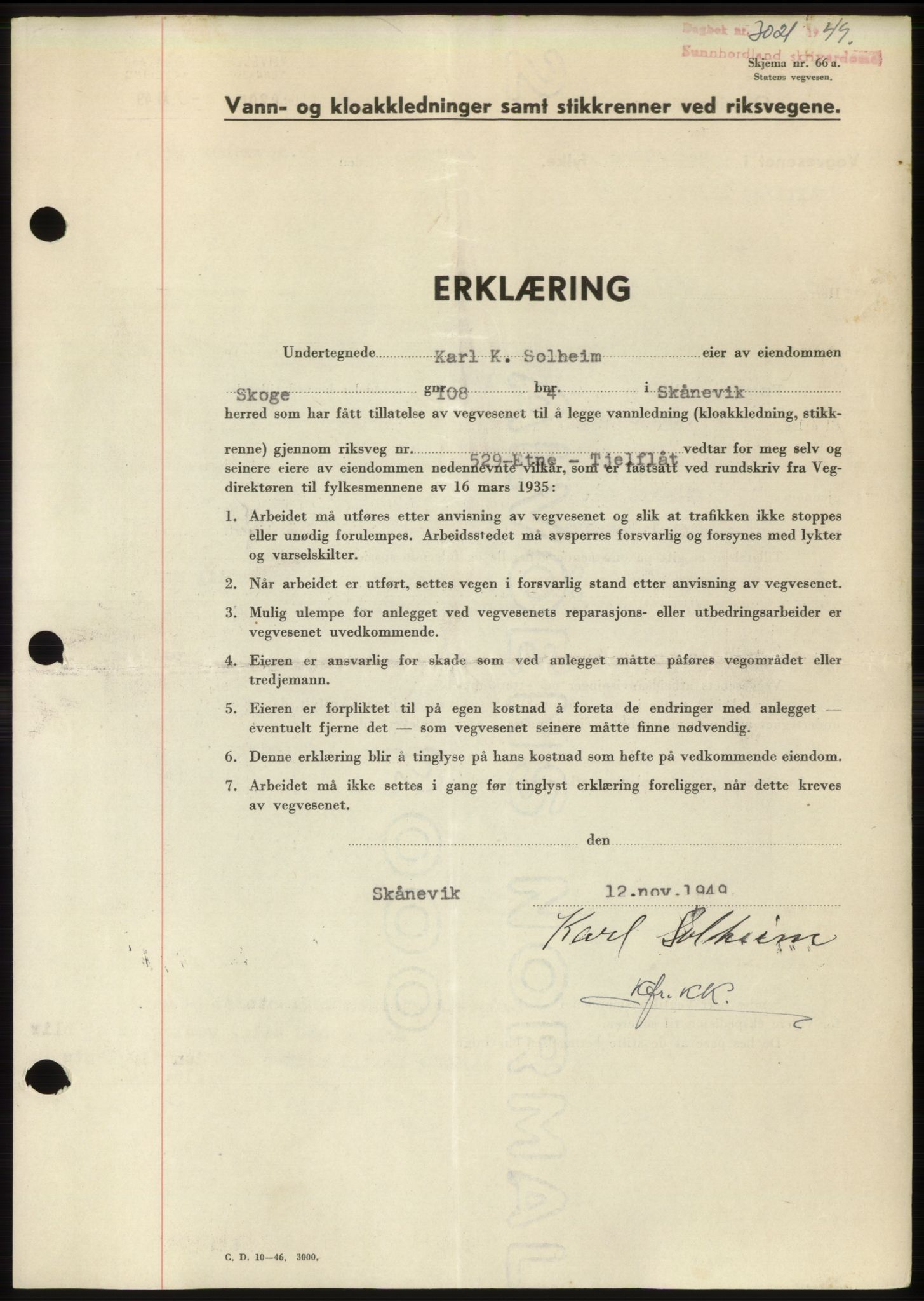 Sunnhordland sorenskrivar, AV/SAB-A-2401: Mortgage book no. B75-79, 1948-1950, Diary no: : 3021/1949