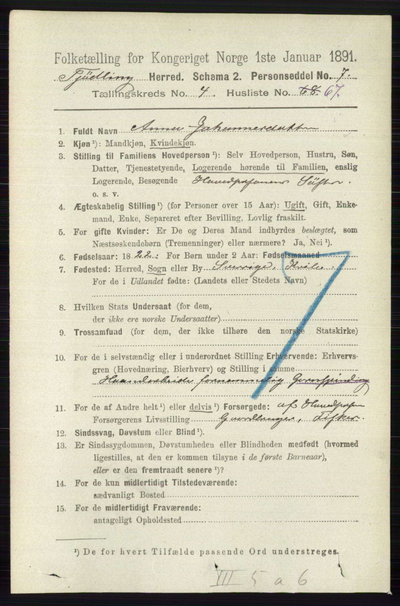 RA, 1891 census for 0725 Tjølling, 1891, p. 1826