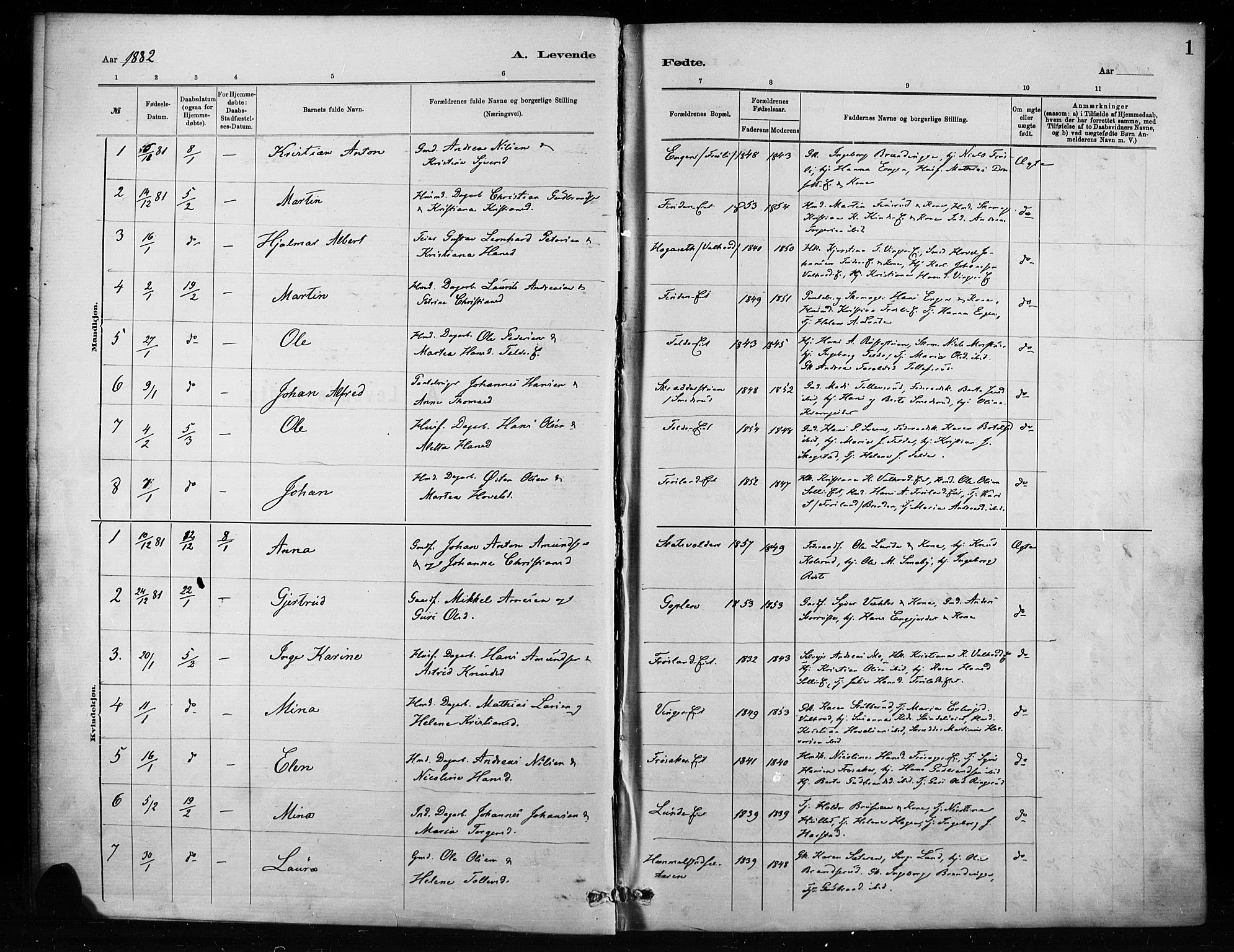 Nordre Land prestekontor, SAH/PREST-124/H/Ha/Haa/L0004: Parish register (official) no. 4, 1882-1896, p. 1
