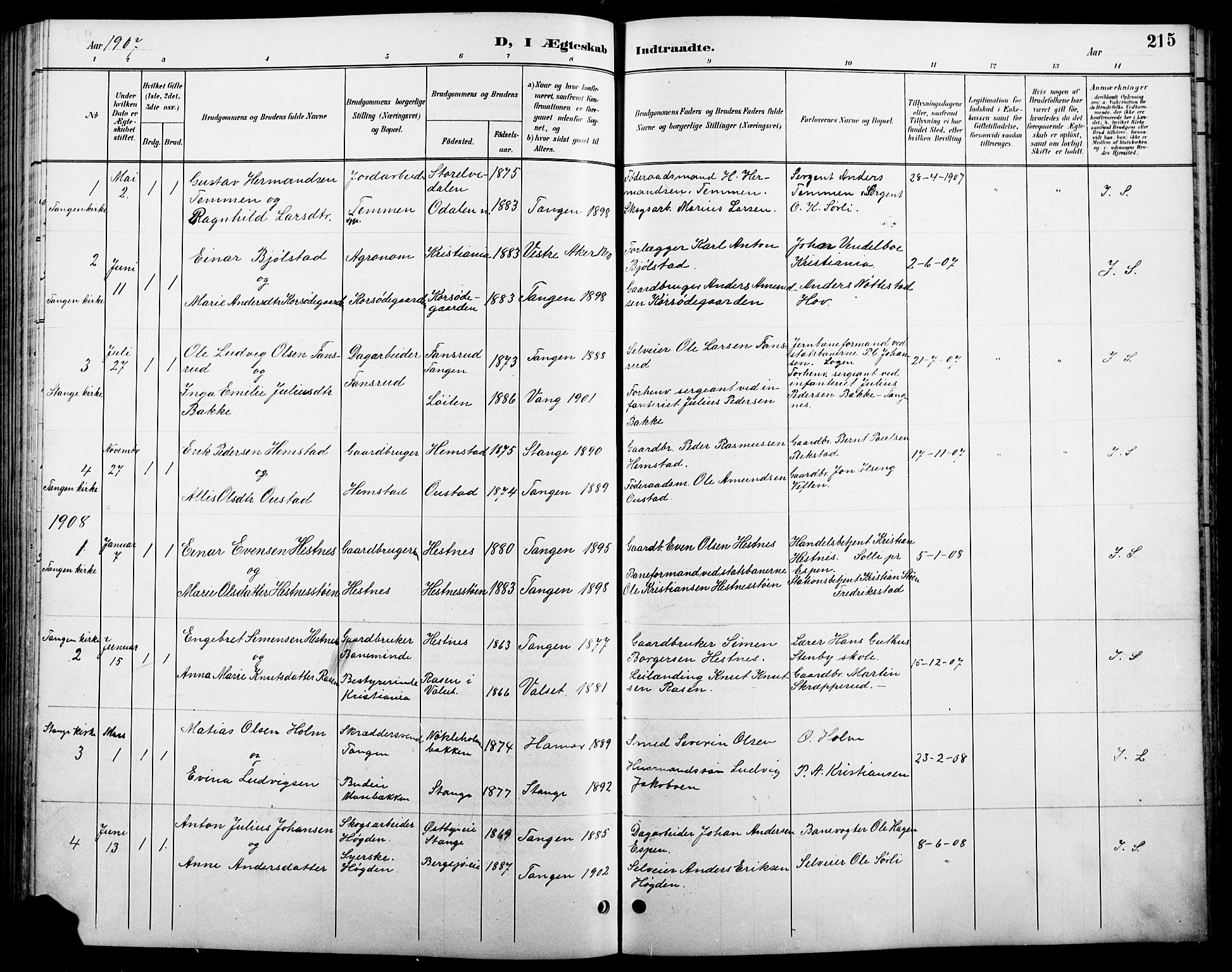 Stange prestekontor, SAH/PREST-002/L/L0011: Parish register (copy) no. 11, 1895-1917, p. 215