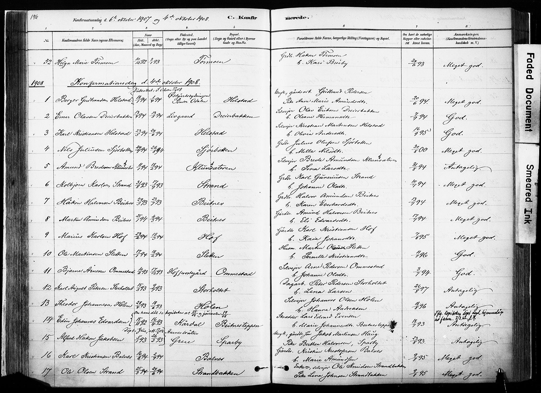 Hof prestekontor, SAH/PREST-038/H/Ha/Haa/L0010: Parish register (official) no. 10, 1878-1909, p. 196