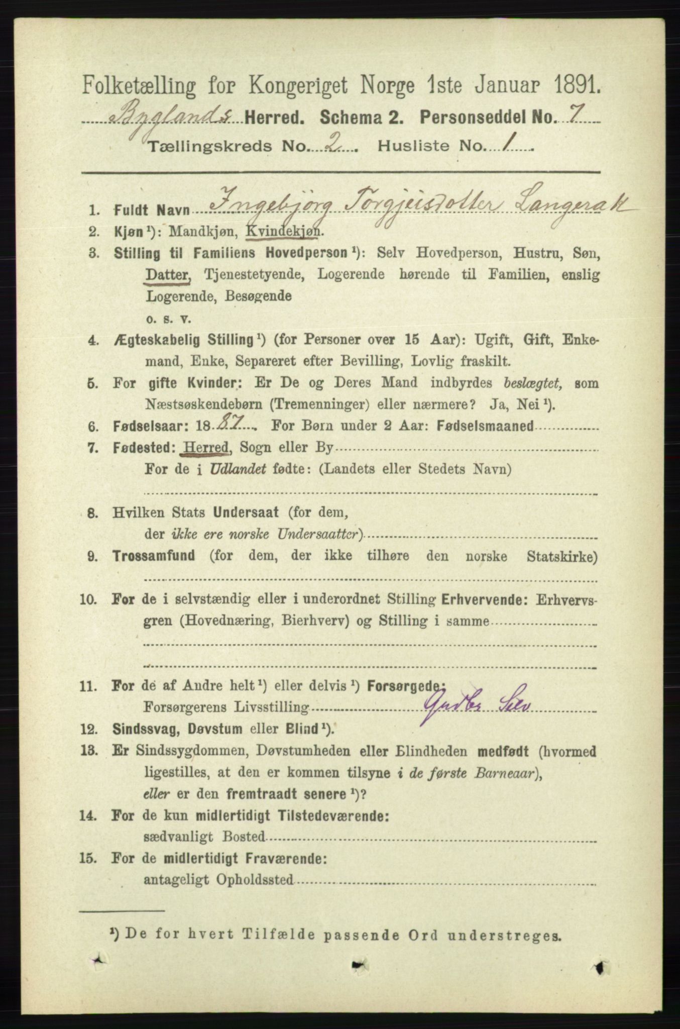 RA, 1891 census for 0938 Bygland, 1891, p. 261