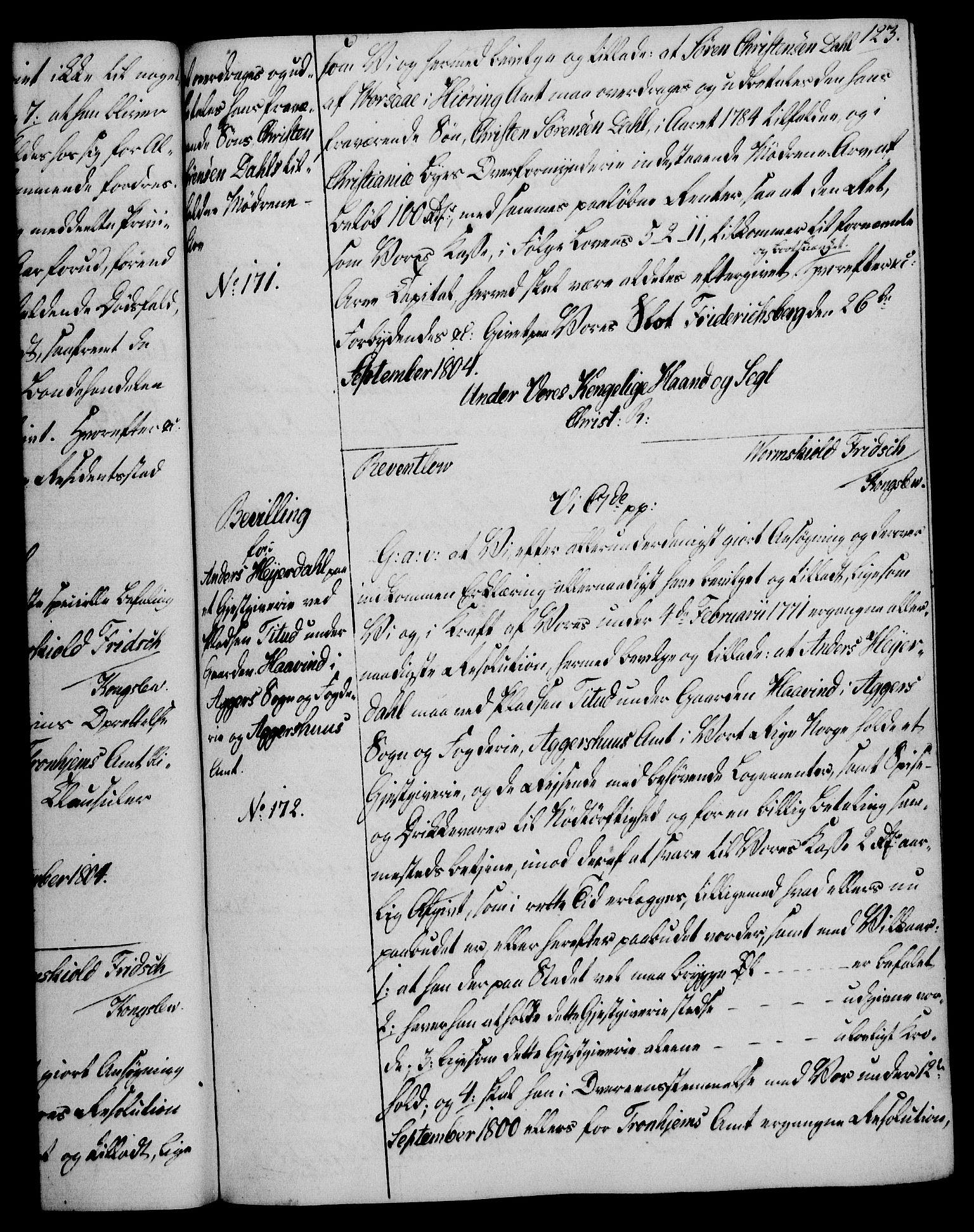 Rentekammeret, Kammerkanselliet, AV/RA-EA-3111/G/Gg/Gga/L0018: Norsk ekspedisjonsprotokoll med register (merket RK 53.18), 1804-1806, p. 123