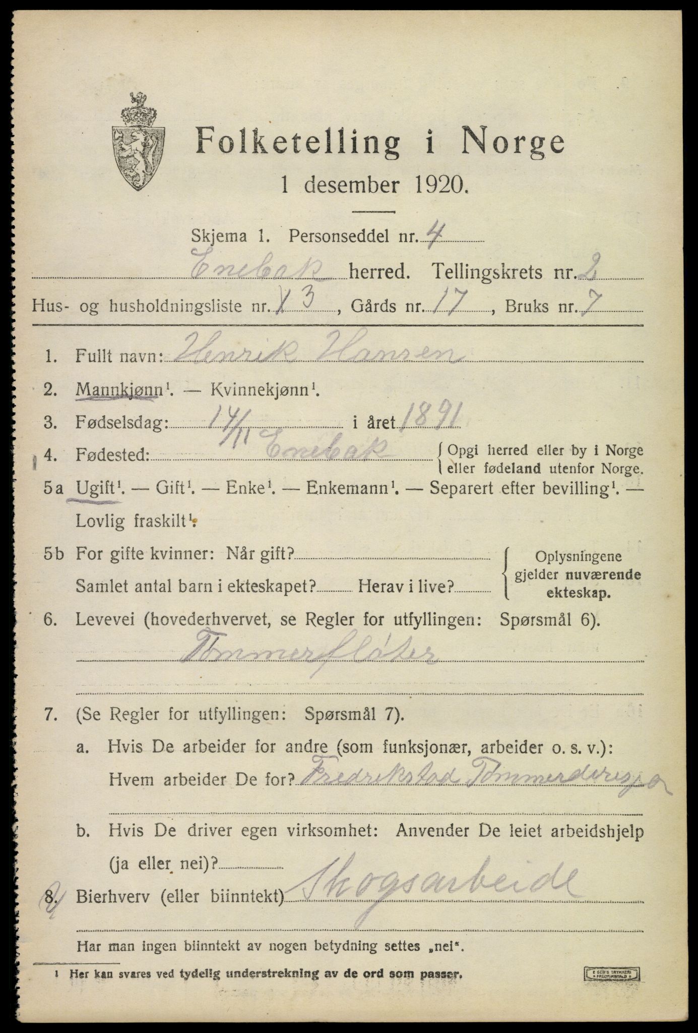 SAO, 1920 census for Enebakk, 1920, p. 2091