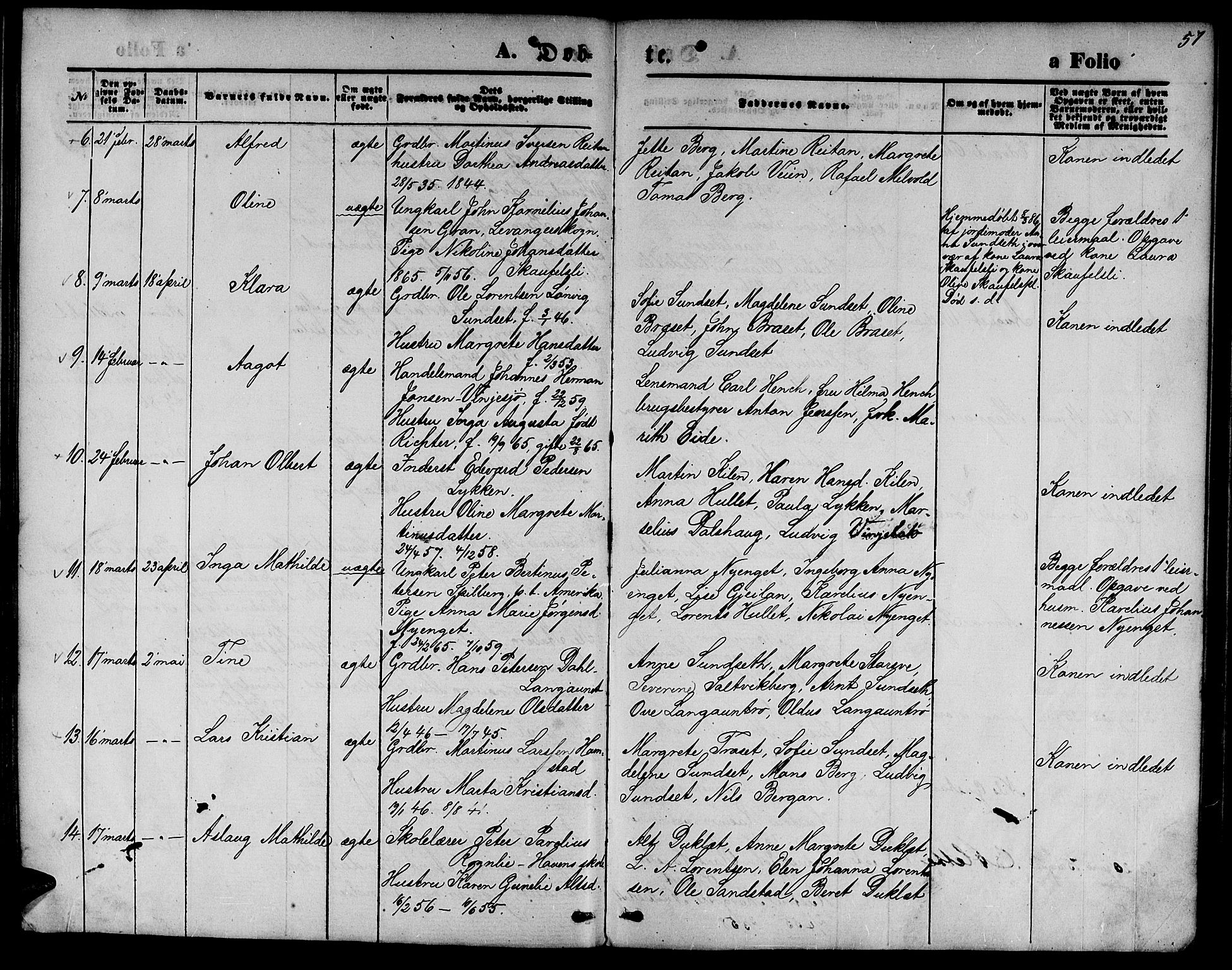 Ministerialprotokoller, klokkerbøker og fødselsregistre - Nord-Trøndelag, SAT/A-1458/733/L0326: Parish register (copy) no. 733C01, 1871-1887, p. 57