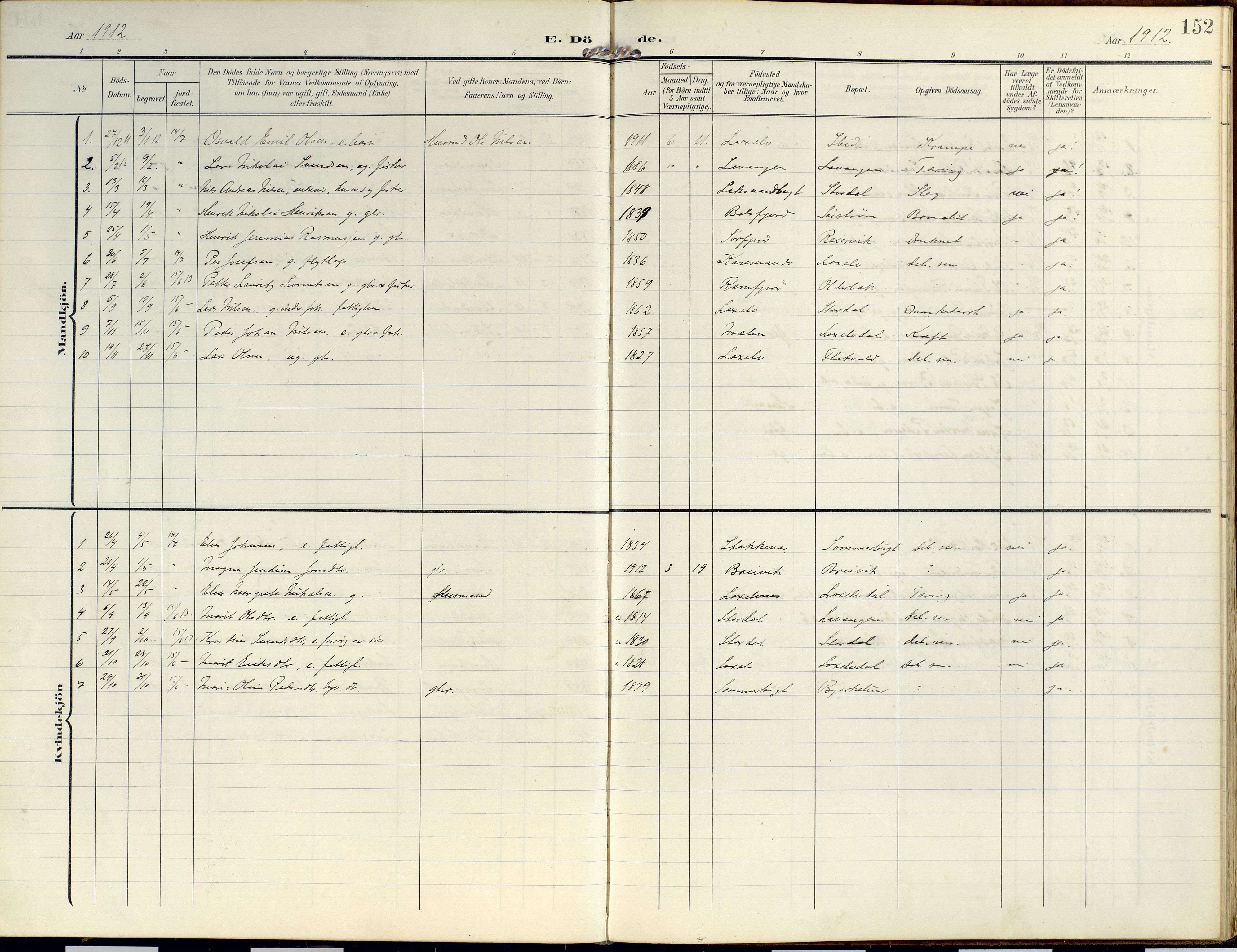 Lyngen sokneprestembete, SATØ/S-1289/H/He/Hea/L0014kirke: Parish register (official) no. 14, 1905-1920, p. 152