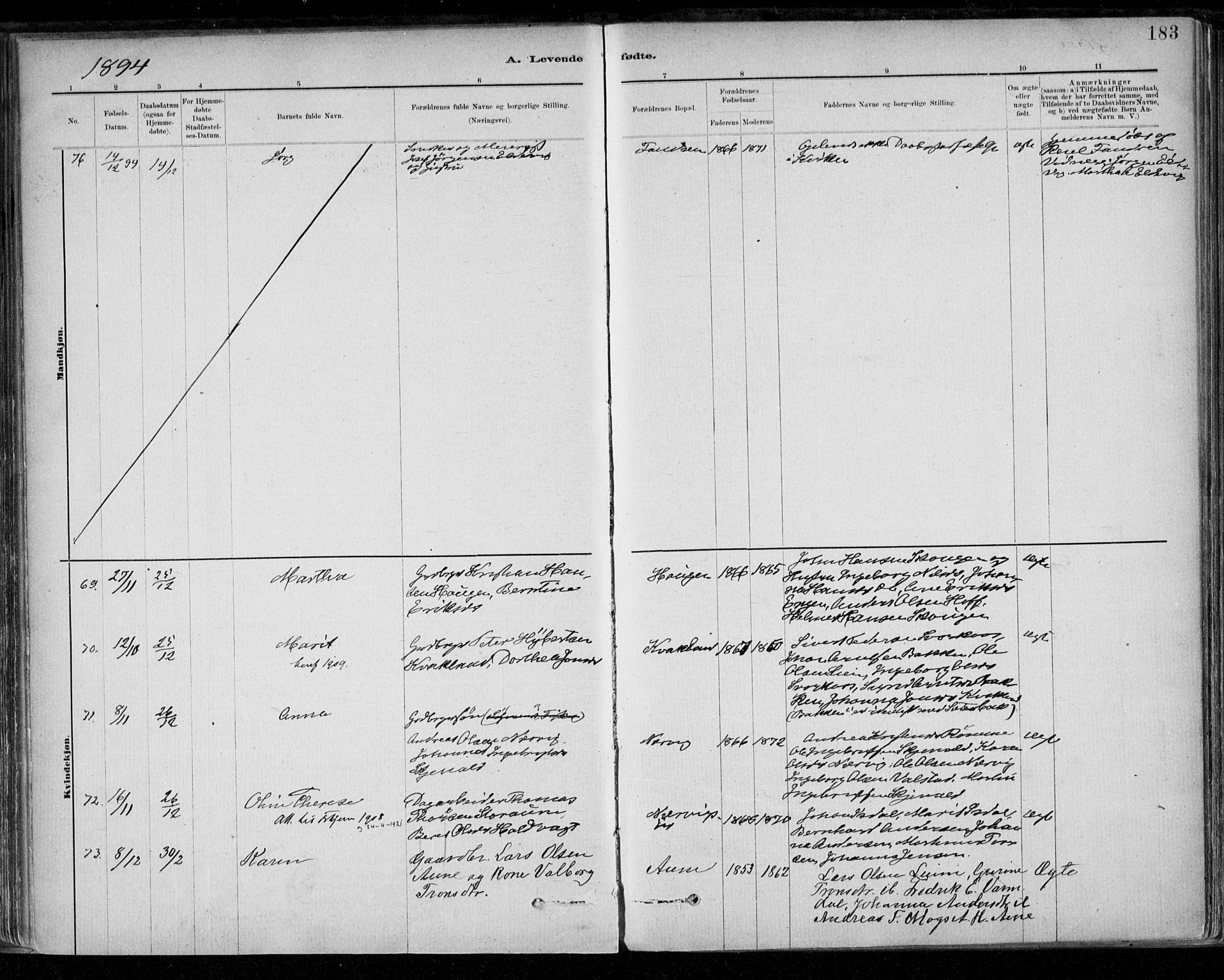 Ministerialprotokoller, klokkerbøker og fødselsregistre - Sør-Trøndelag, SAT/A-1456/668/L0809: Parish register (official) no. 668A09, 1881-1895, p. 183