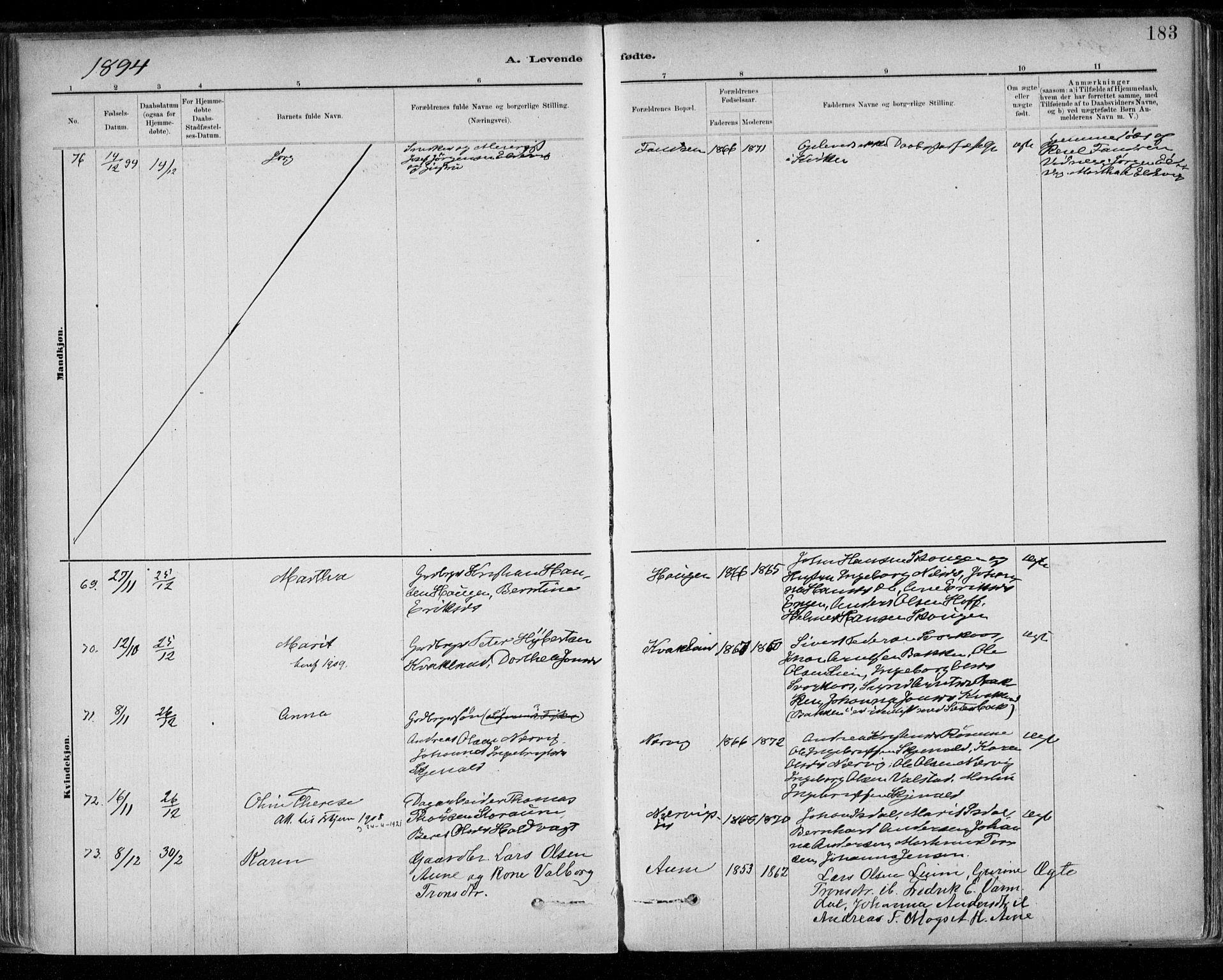 Ministerialprotokoller, klokkerbøker og fødselsregistre - Sør-Trøndelag, AV/SAT-A-1456/668/L0809: Parish register (official) no. 668A09, 1881-1895, p. 183