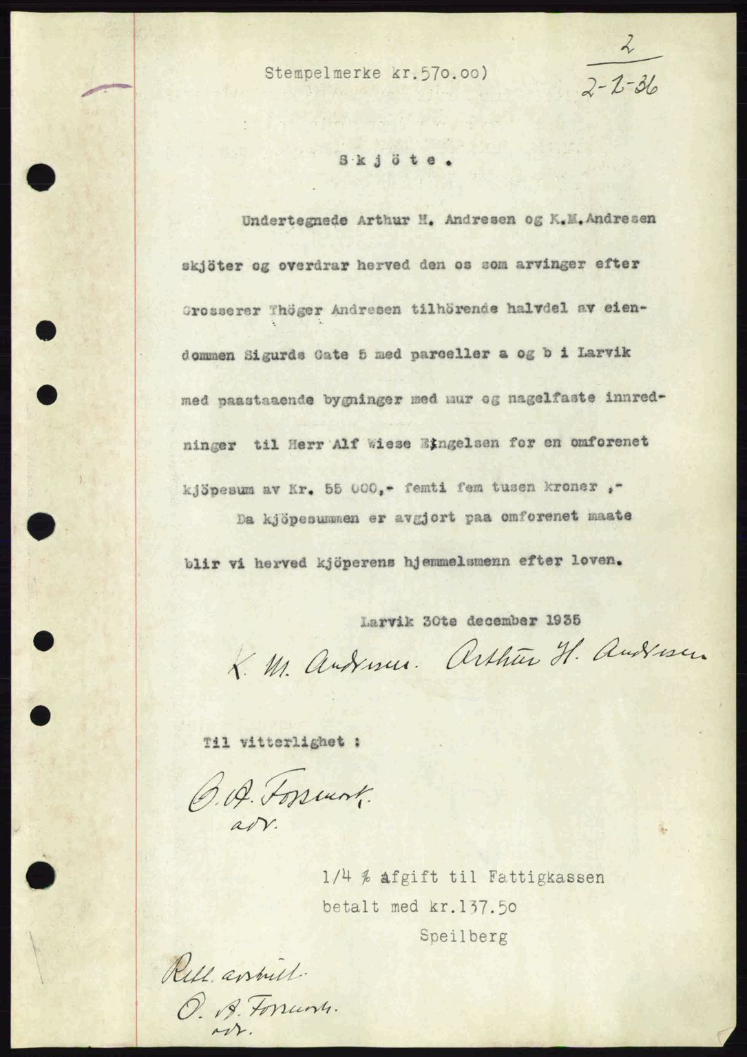 Larvik sorenskriveri, SAKO/A-83/G/Ga/Gab/L0067: Mortgage book no. A-1, 1936-1937, Diary no: : 2/1936
