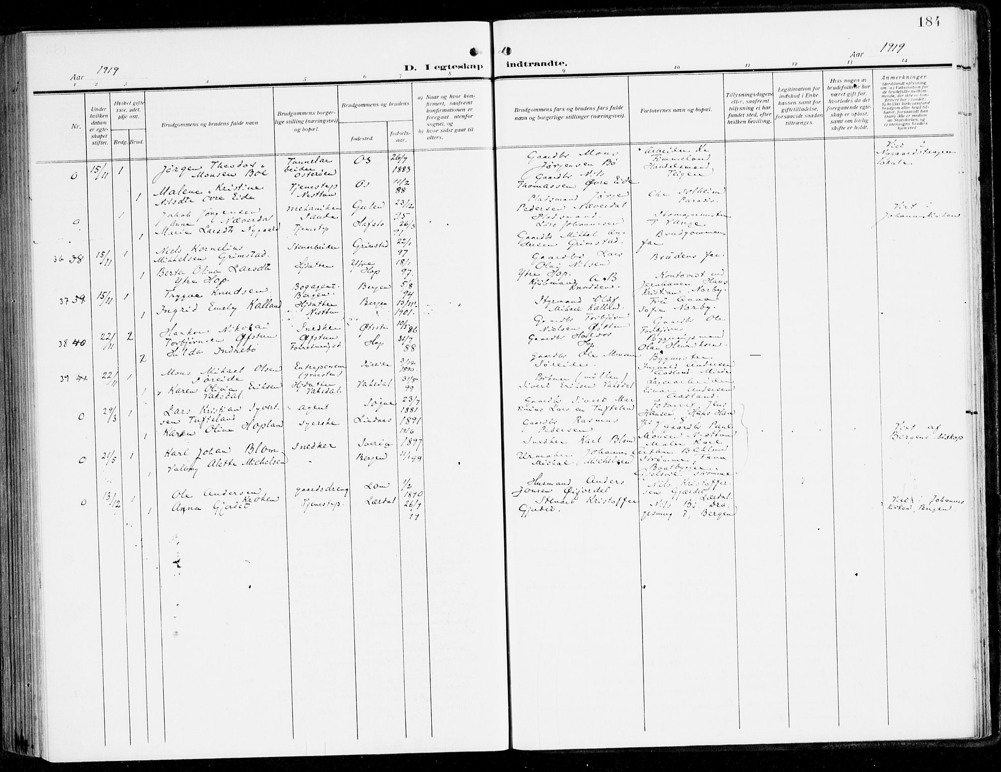 Fana Sokneprestembete, SAB/A-75101/H/Haa/Haai/L0004: Parish register (official) no. I 4, 1912-1933, p. 184