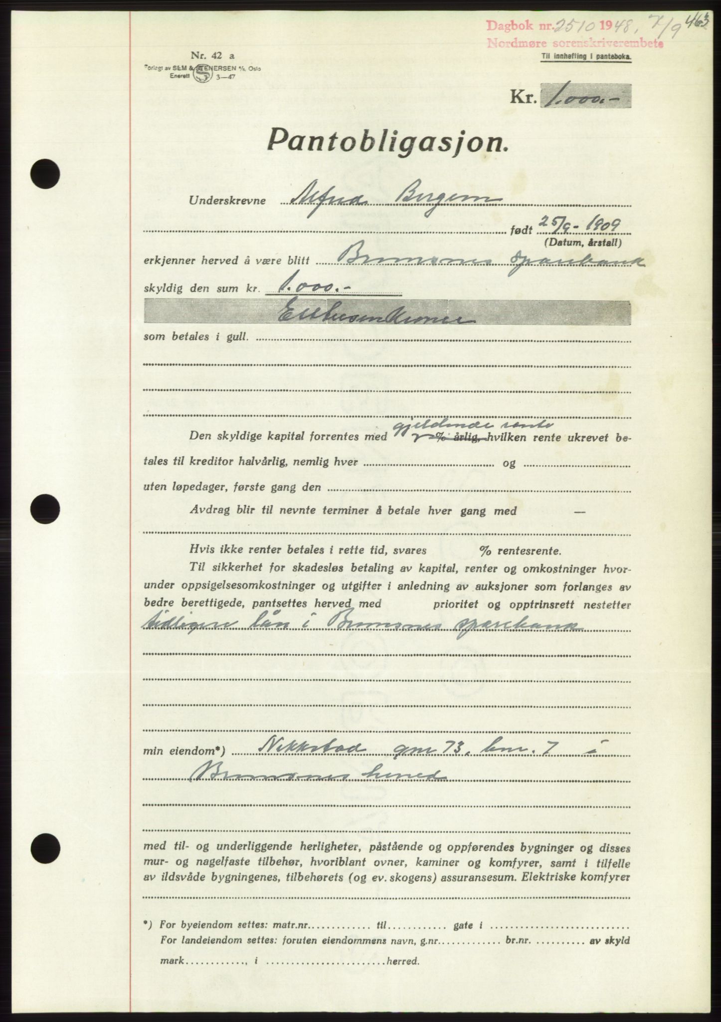 Nordmøre sorenskriveri, AV/SAT-A-4132/1/2/2Ca: Mortgage book no. B99, 1948-1948, Diary no: : 2510/1948