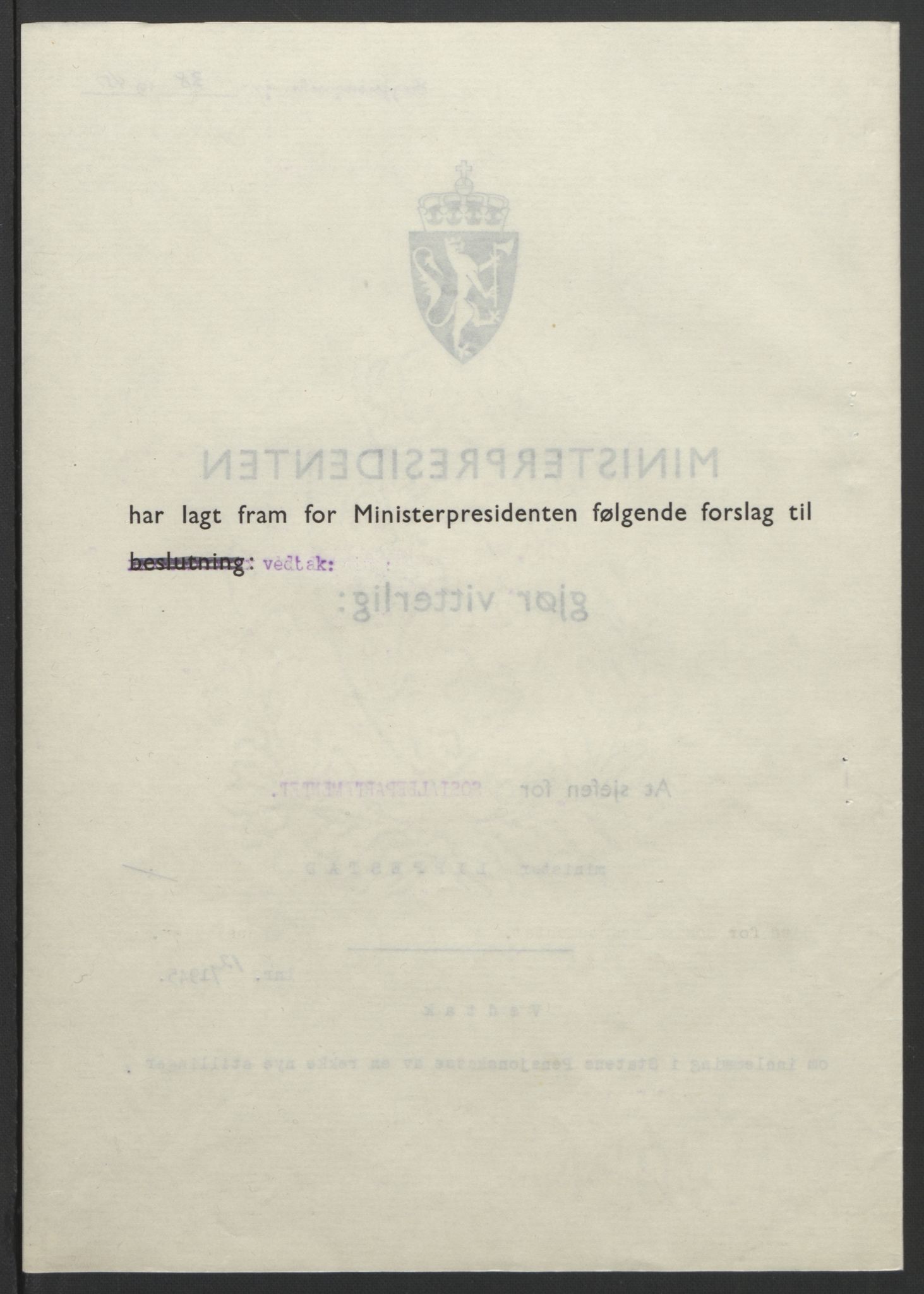 NS-administrasjonen 1940-1945 (Statsrådsekretariatet, de kommisariske statsråder mm), RA/S-4279/D/Db/L0101/0001: -- / Lover og vedtak, 1945, p. 204