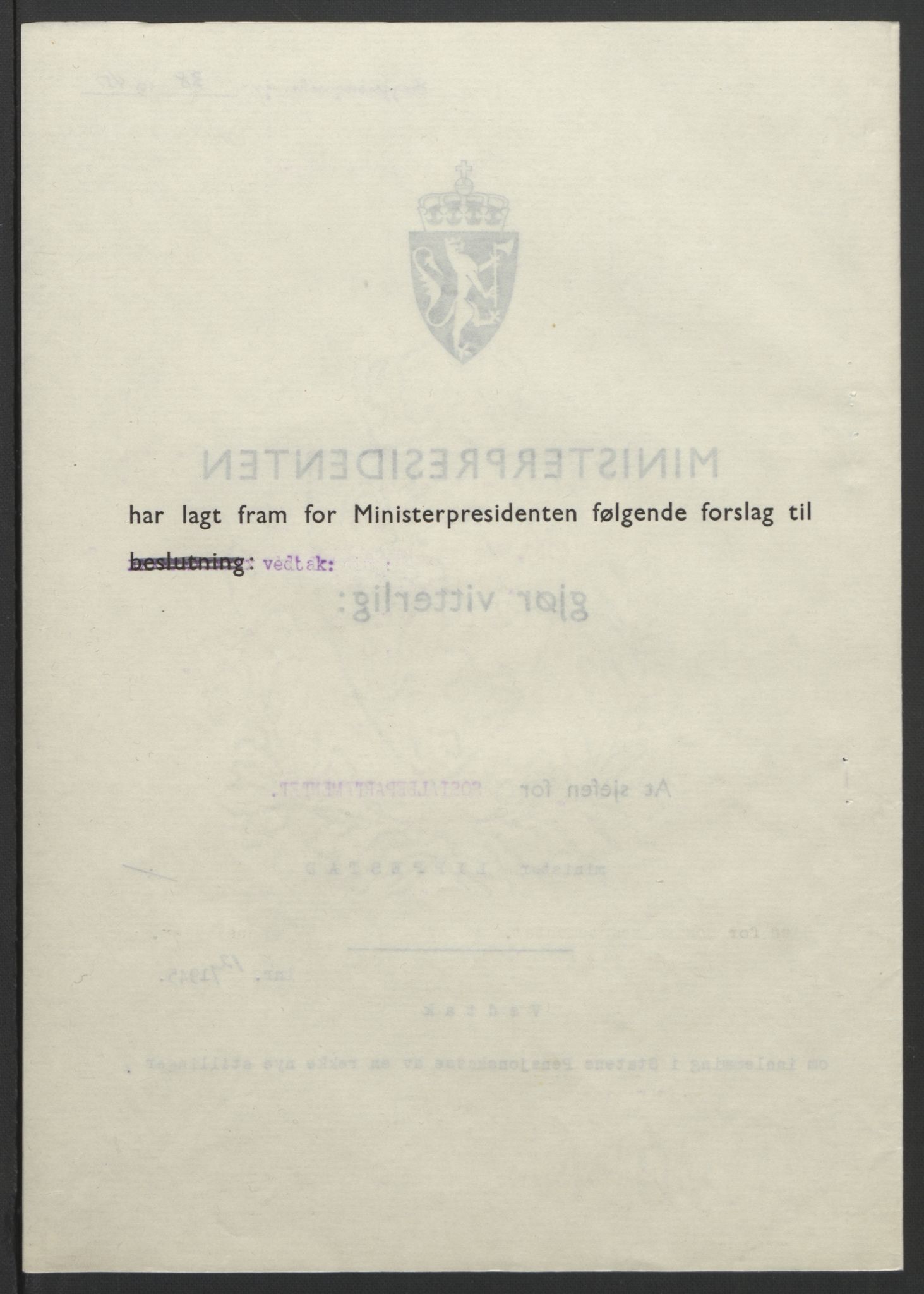 NS-administrasjonen 1940-1945 (Statsrådsekretariatet, de kommisariske statsråder mm), AV/RA-S-4279/D/Db/L0101/0001: -- / Lover og vedtak, 1945, p. 204