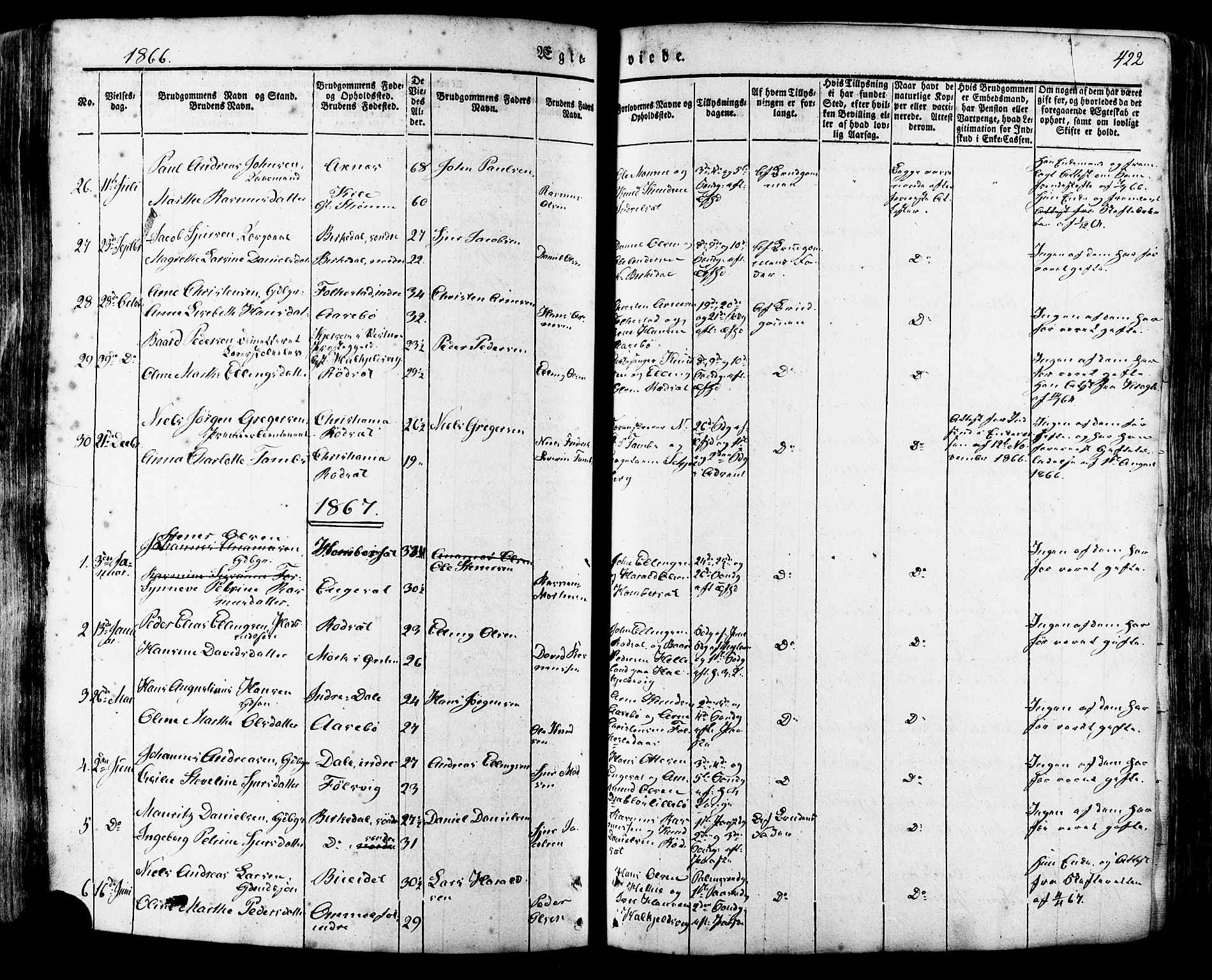 Ministerialprotokoller, klokkerbøker og fødselsregistre - Møre og Romsdal, SAT/A-1454/511/L0140: Parish register (official) no. 511A07, 1851-1878, p. 422