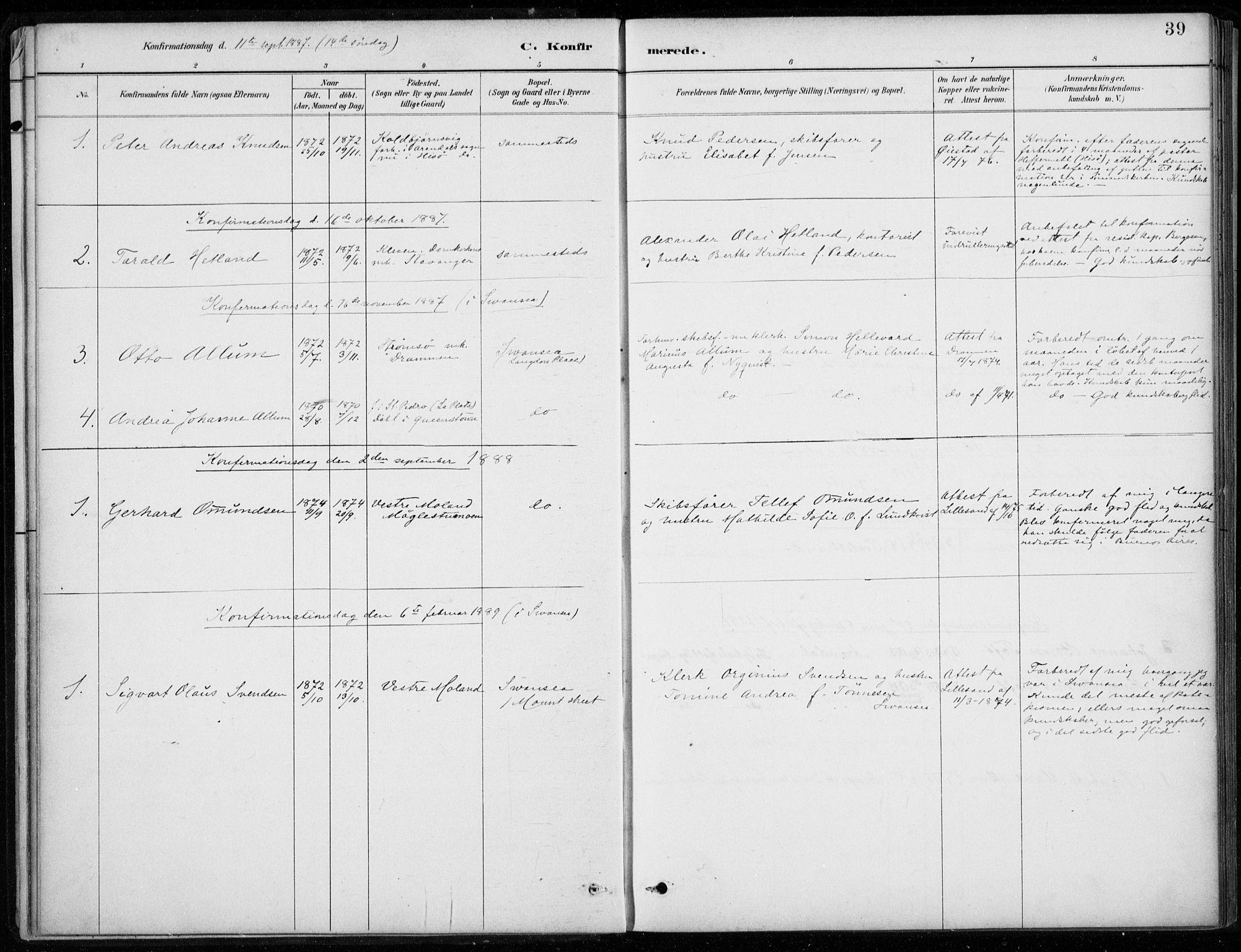Den norske sjømannsmisjon i utlandet/Bristolhavnene(Cardiff-Swansea), SAB/SAB/PA-0102/H/Ha/Haa/L0002: Parish register (official) no. A 2, 1887-1932, p. 39