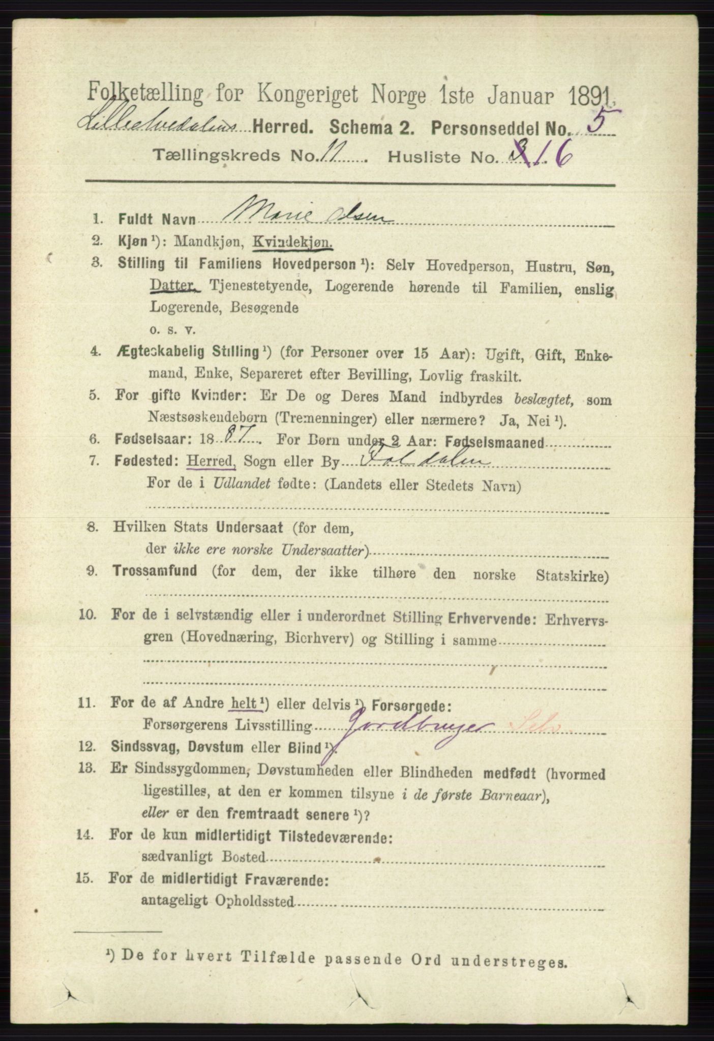 RA, 1891 census for 0438 Lille Elvedalen, 1891, p. 3902