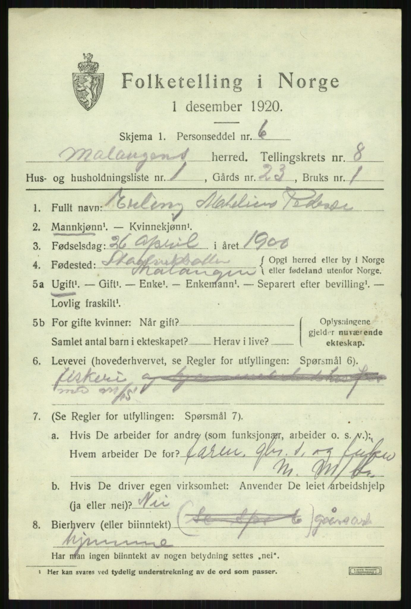 SATØ, 1920 census for Malangen, 1920, p. 3135