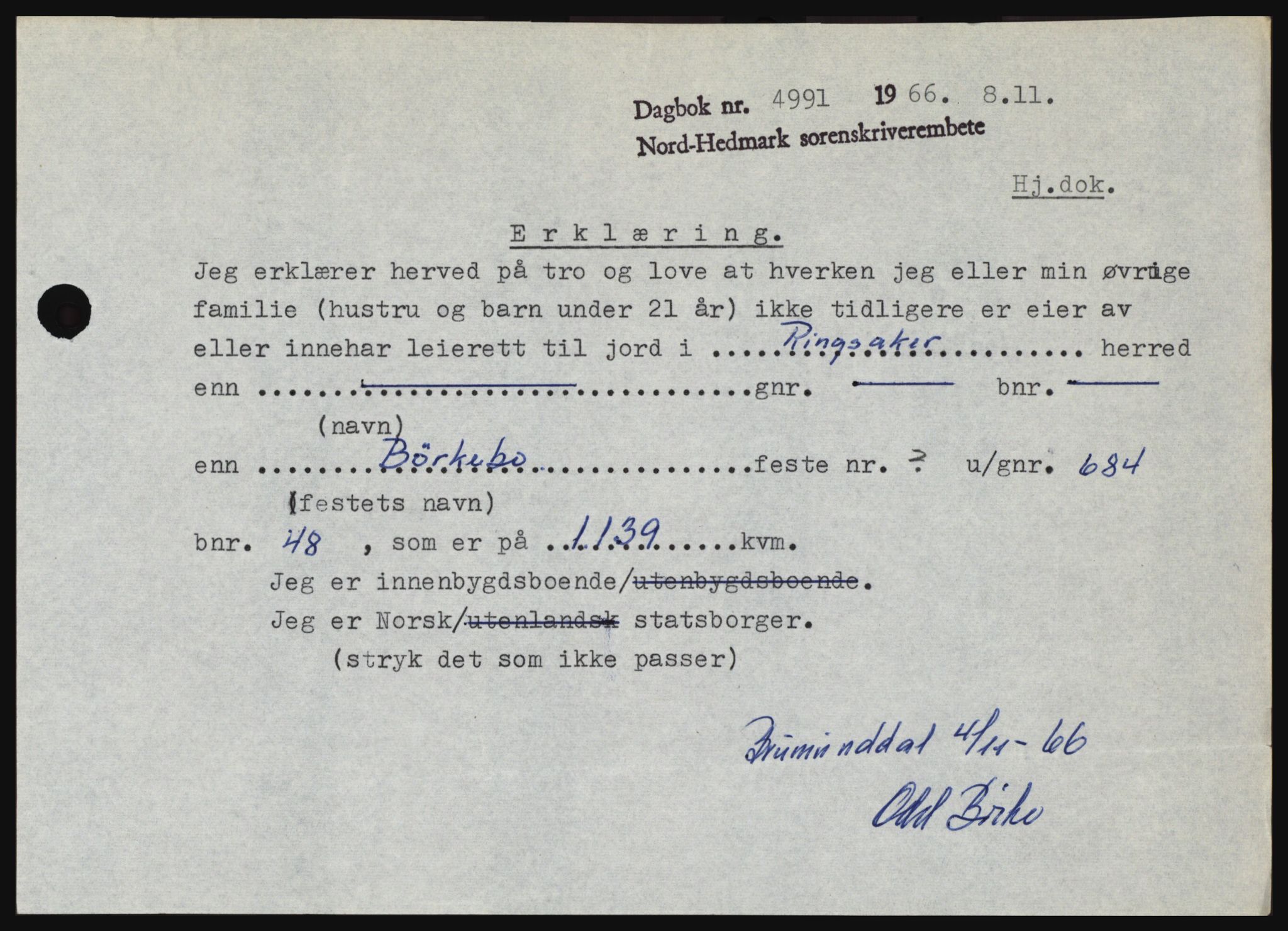 Nord-Hedmark sorenskriveri, AV/SAH-TING-012/H/Hc/L0024: Mortgage book no. 24, 1966-1966, Diary no: : 4991/1966