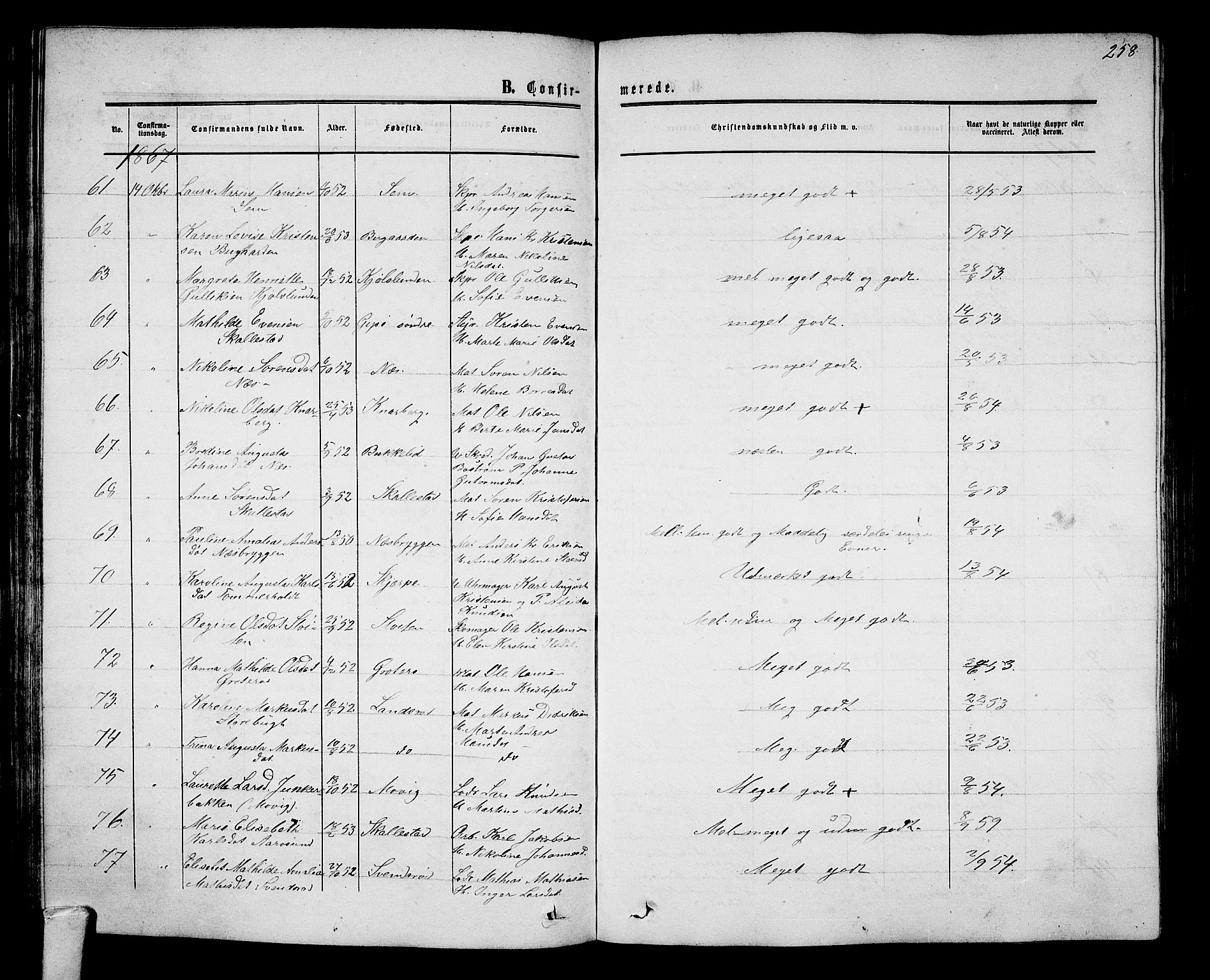 Nøtterøy kirkebøker, AV/SAKO-A-354/G/Ga/L0002: Parish register (copy) no. I 2, 1860-1877, p. 258